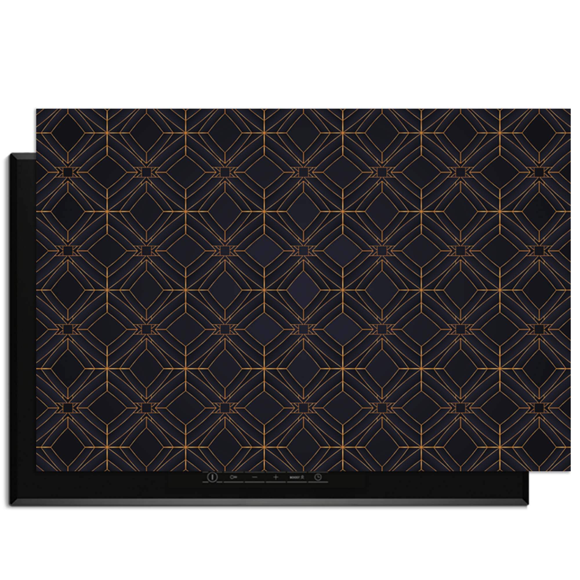 Midnight Geometry - Herdabdeckplatte mit tiefblauem Design und kupferfarbenen Linien für eine moderne Küche.