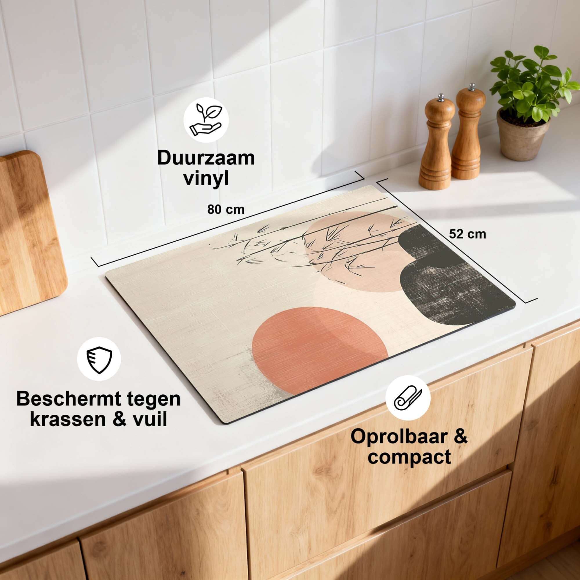 Zen Balance - Japandi Herdabdeckplatte, haltbares Vinyl, 80x52 cm, schützt vor Kratzern und Schmutz.