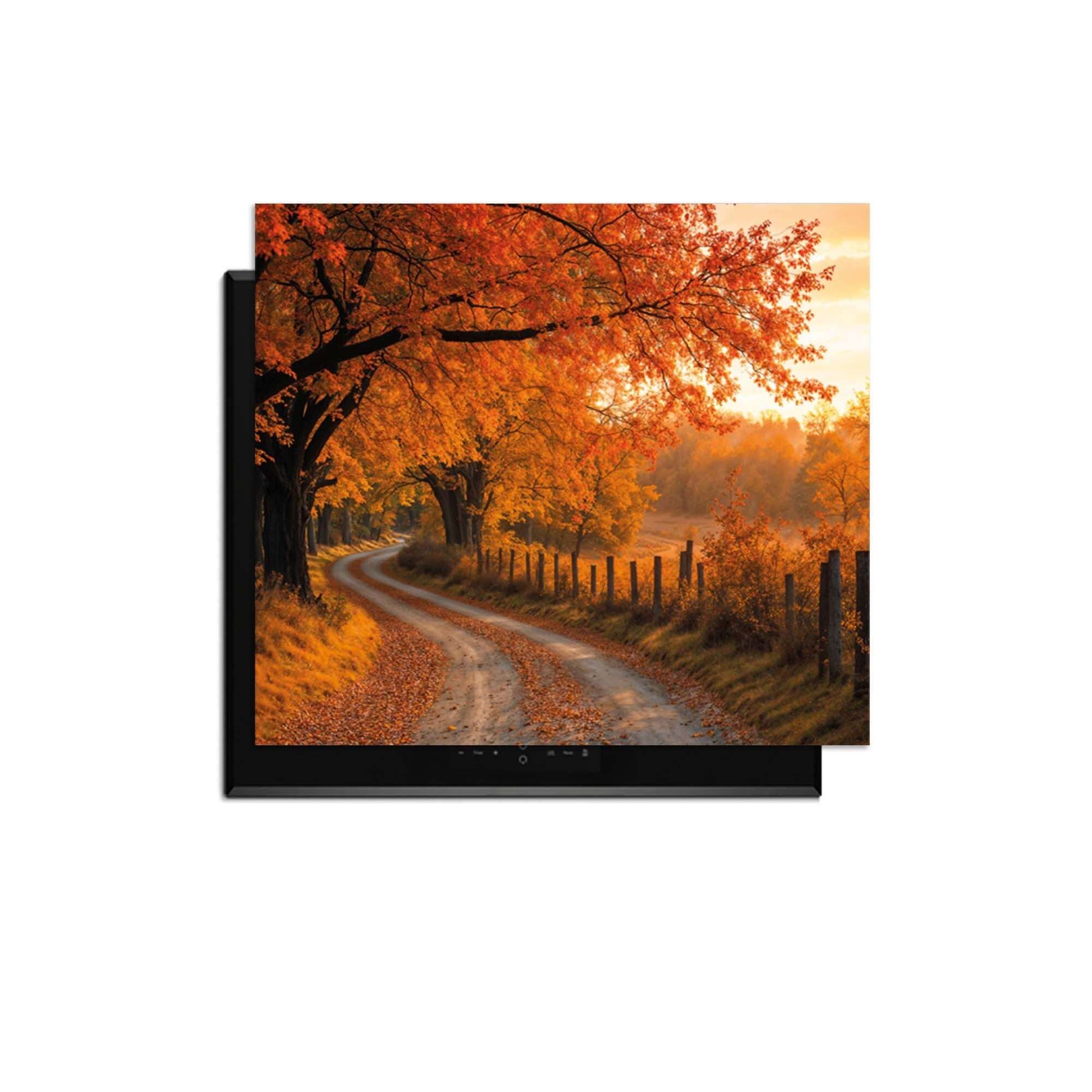 Goldener Herbst - Induktionswächter mit warmer orange-roter Herbstlandschaft und einer kurvenreichen Straße.