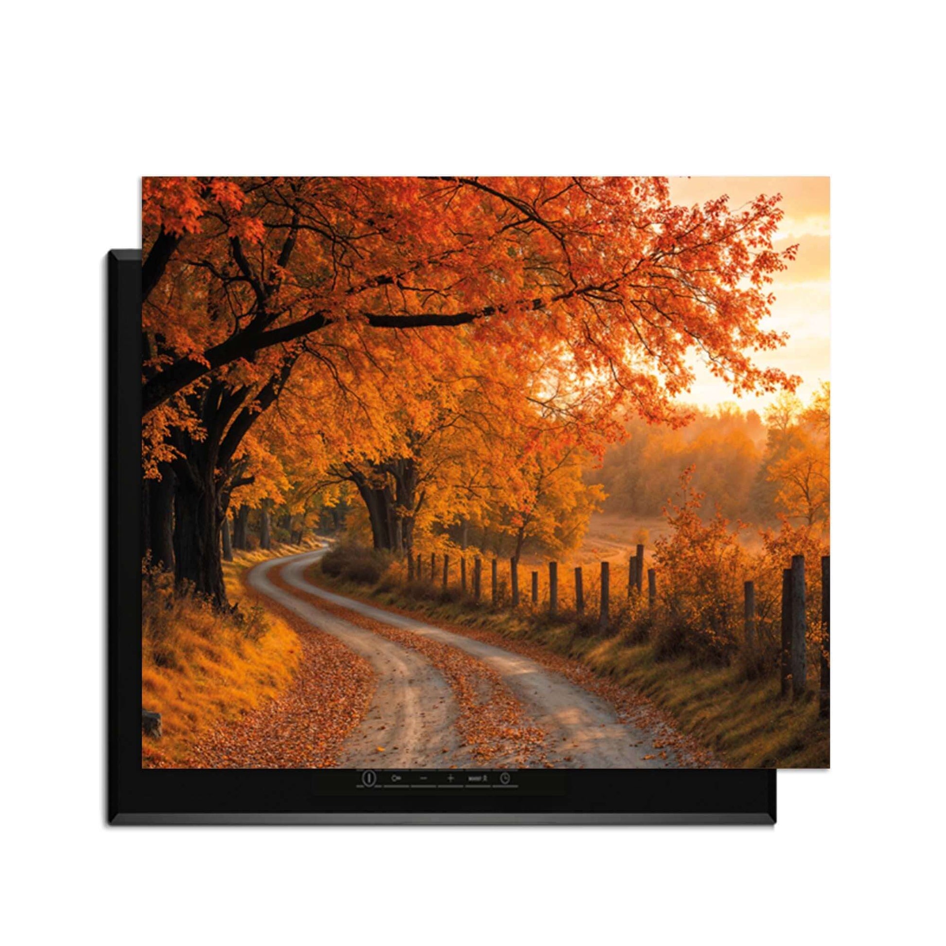 Goldener Herbst - Herdabdeckplatte Bild einer Herbstlandschaft mit leuchtend orangefarbenen Blättern und einer kurvenreichen Straße.
