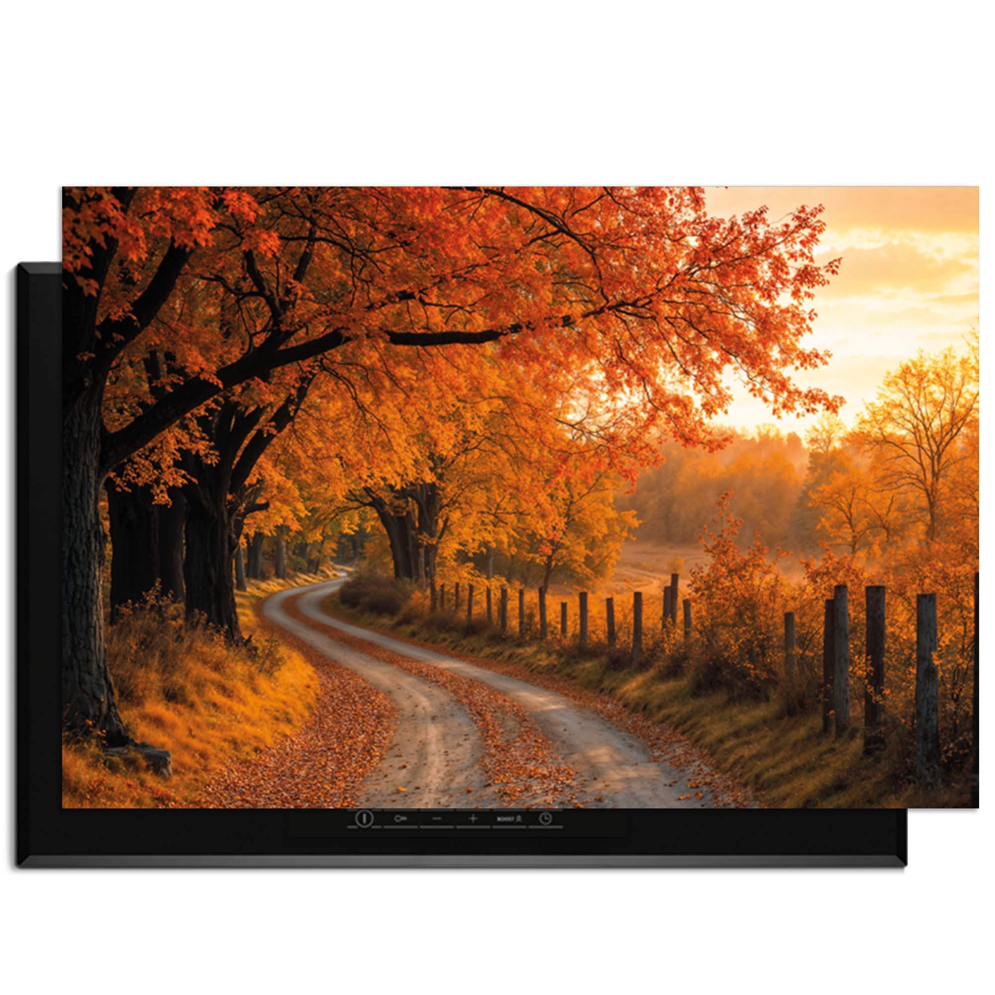 Goldener Herbst - Herdabdeckplatte mit warmen Herbstfarben und einem gewundenen Pfad, umgeben von orangefarbenen Blättern.
