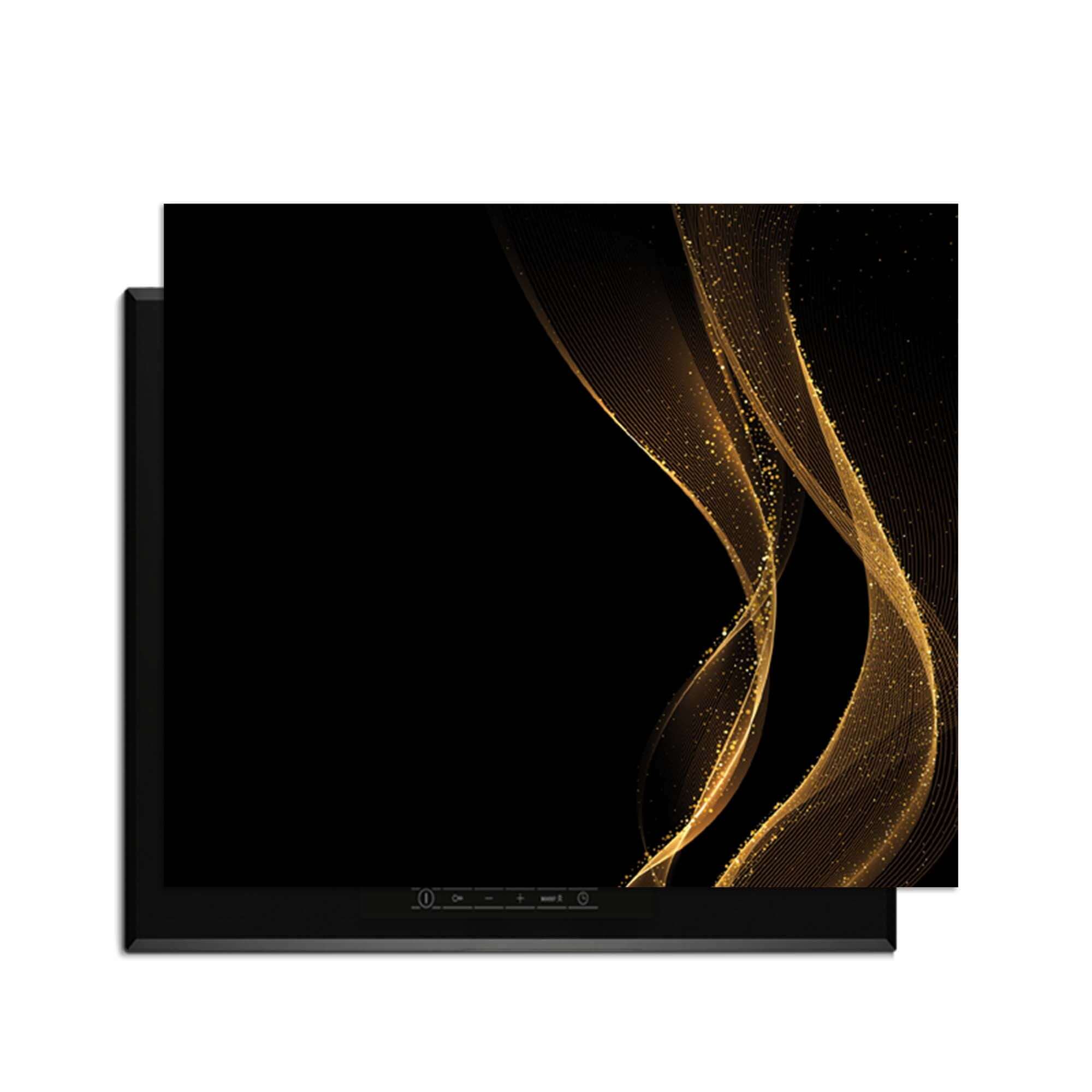 Golden Flow - Herdabdeckplatte mit einem eleganten, wellenförmigen Golddesign auf schwarzem Hintergrund.