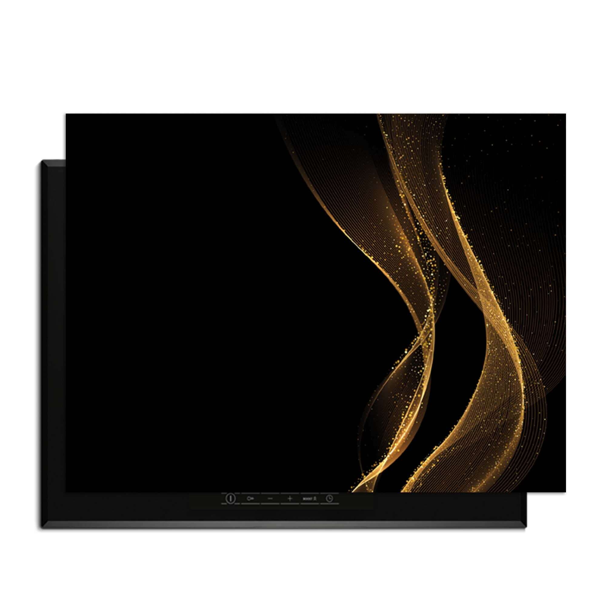 Golden Flow - Herdabdeckplatte mit gewelltem Golddruck auf tiefschwarzem Hintergrund.