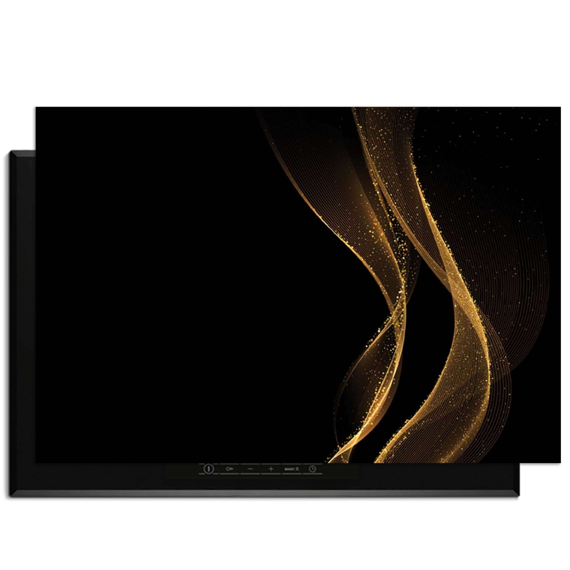 Golden Flow - Herdabdeckplatte mit einem eleganten, wellenförmigen Golddesign auf tiefschwarzem Hintergrund.