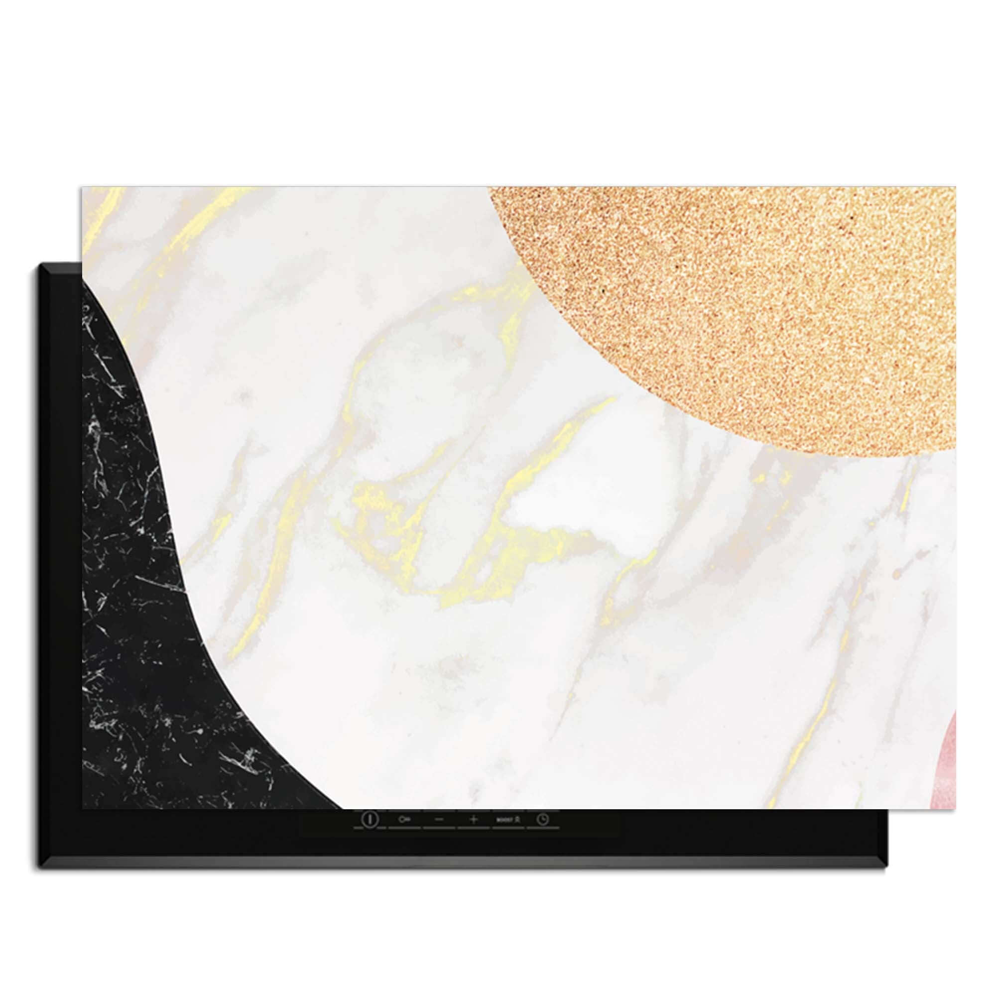Marble Chic - Herdabdeckplatte mit modernem Design in Weiß, Schwarz, Gold und Rosa.