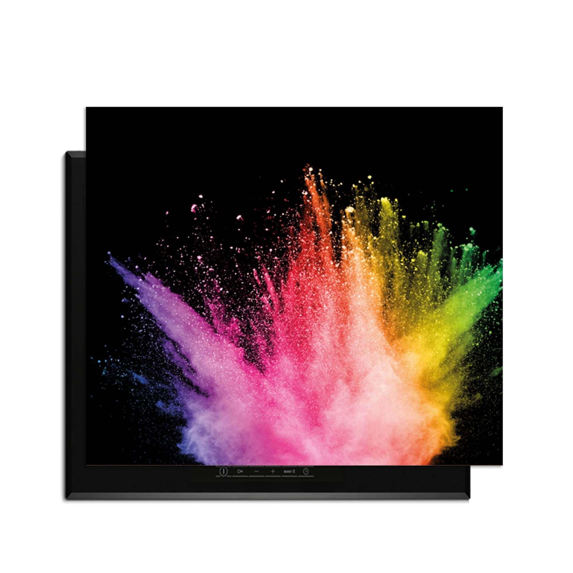 Prism Pulse - Herdabdeckplatte mit einer Explosion von Farben auf tiefem Schwarz.