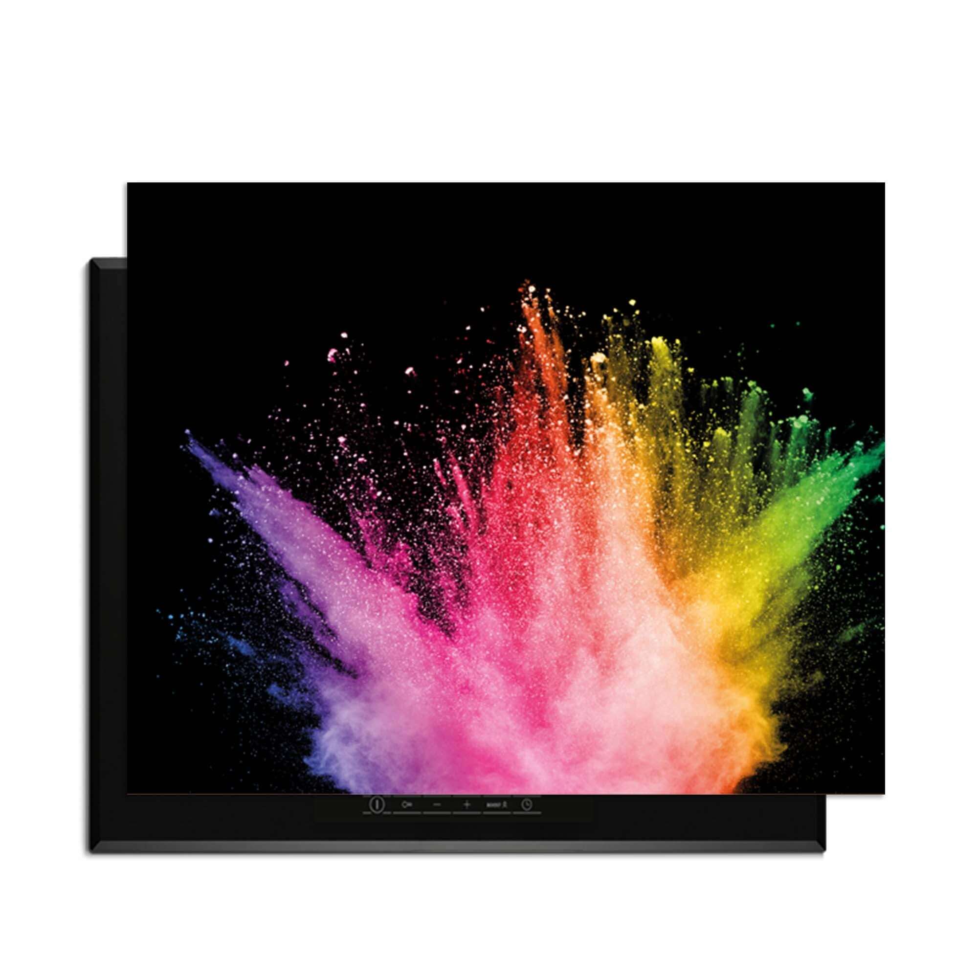 Prism Pulse - Herdabdeckplatte mit Farbexplosion auf schwarzem Hintergrund.