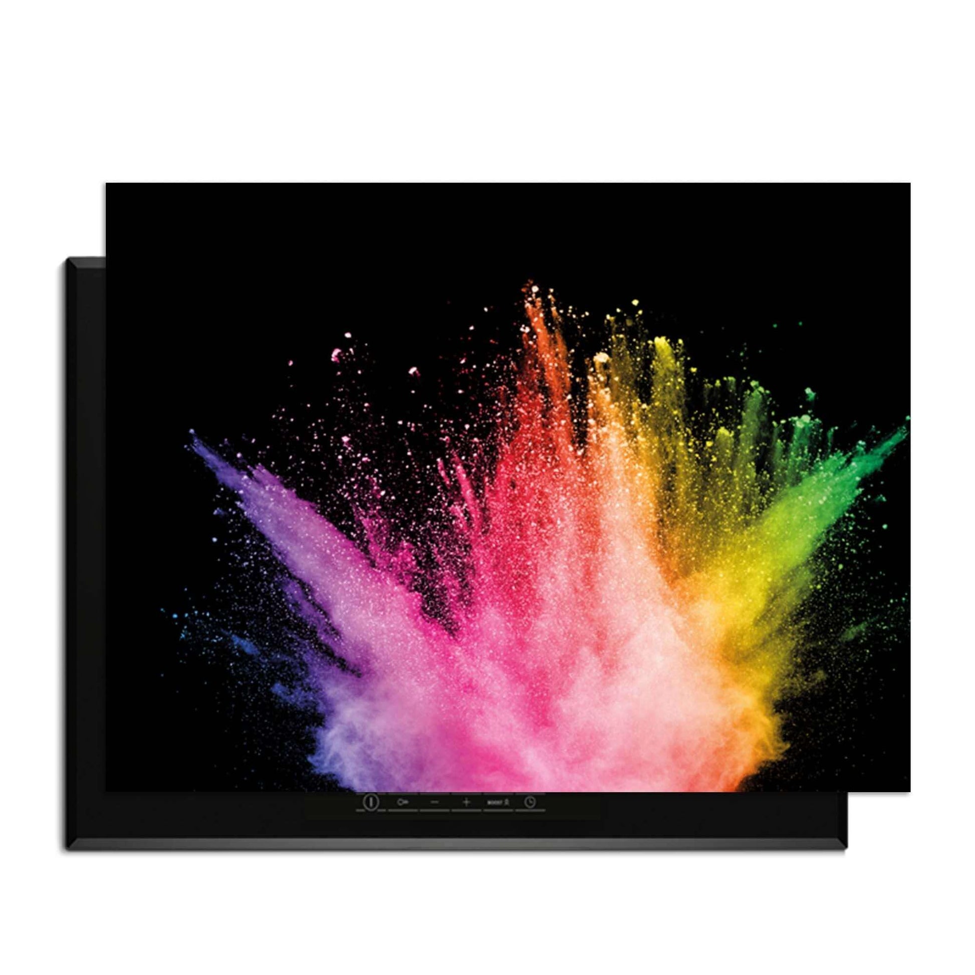 Prism Pulse - Herdabdeckplatte mit einer Explosion von Farben auf tiefschwarzem Hintergrund.