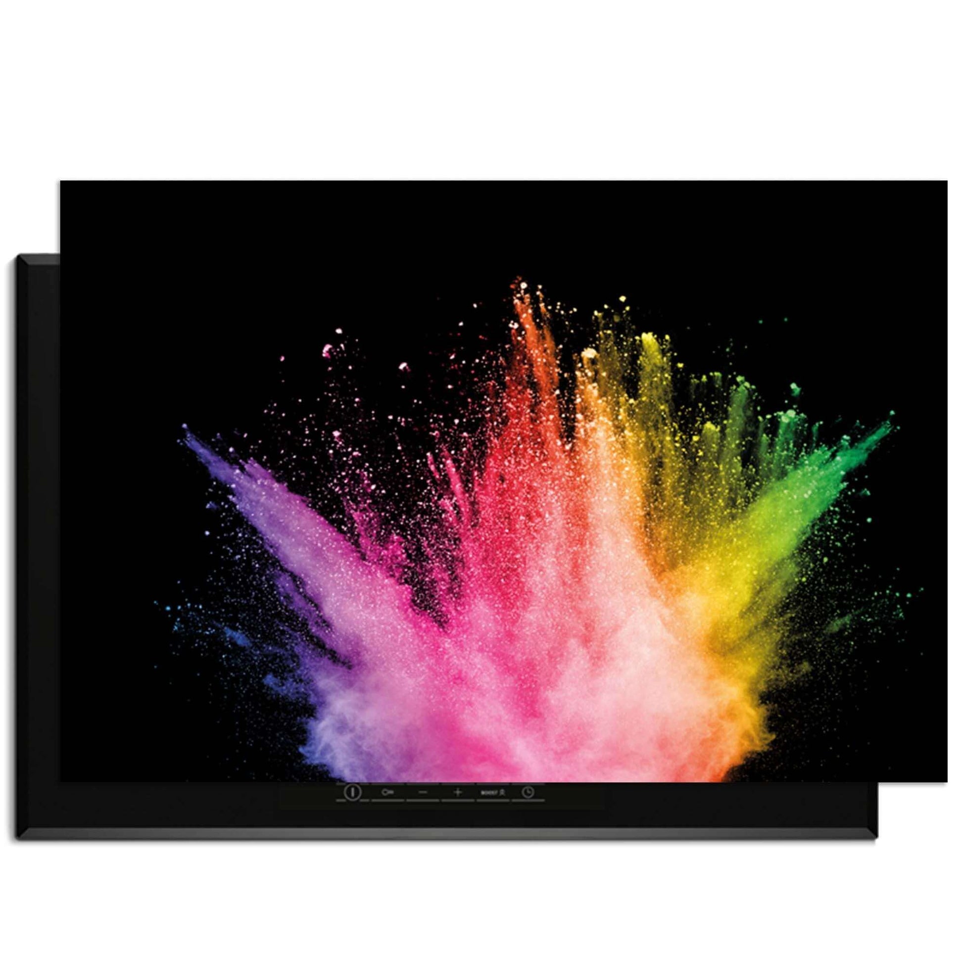 Prism Pulse - Herdabdeckplatte mit Farbexplosion auf schwarzem Hintergrund für Ihre Küche.