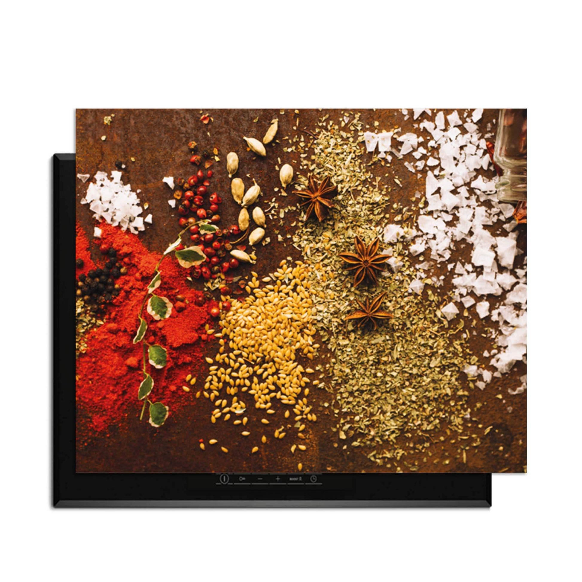 Spice Symphony - Herdabdeckplatte mit bunten Gewürzen und Kräutern auf einem Induktionskochfeld