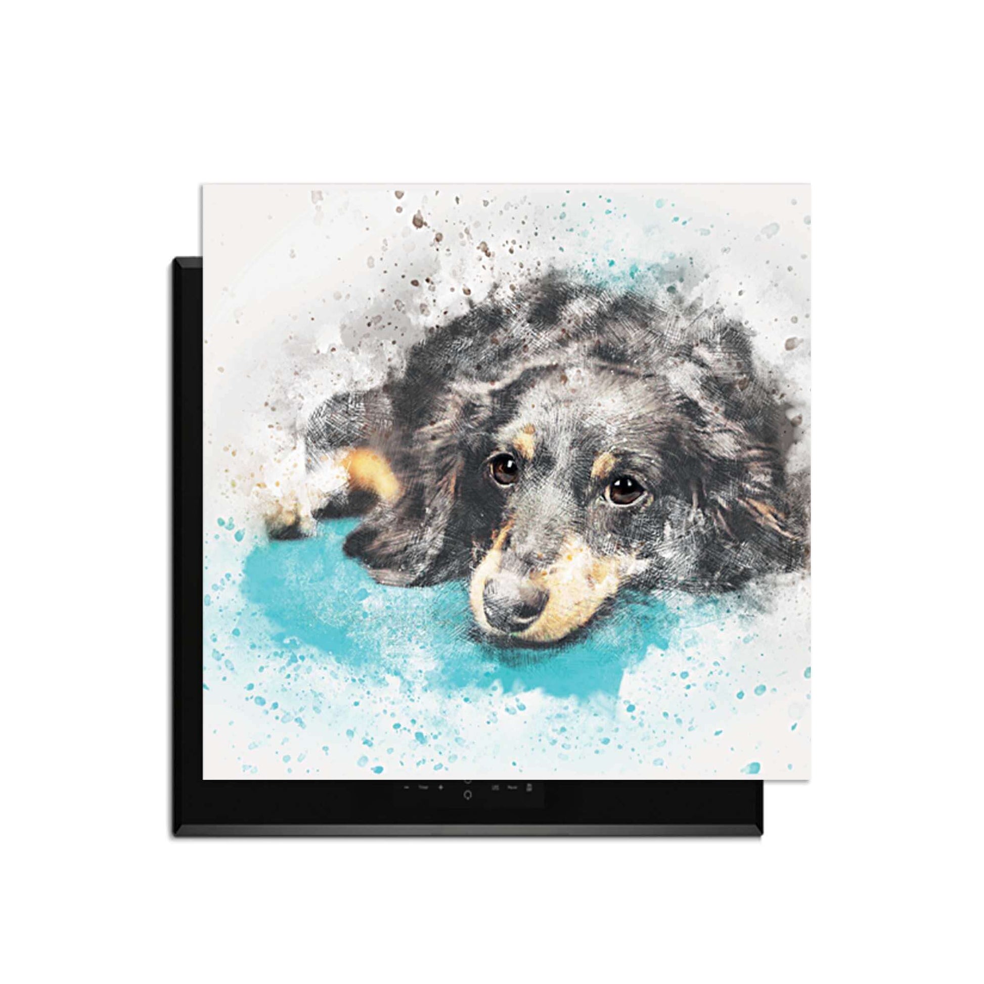 Dreamy Dachshund - Herdabdeckplatte mit Aquarellmotiv eines verträumten Dackels für Ihre Küche.