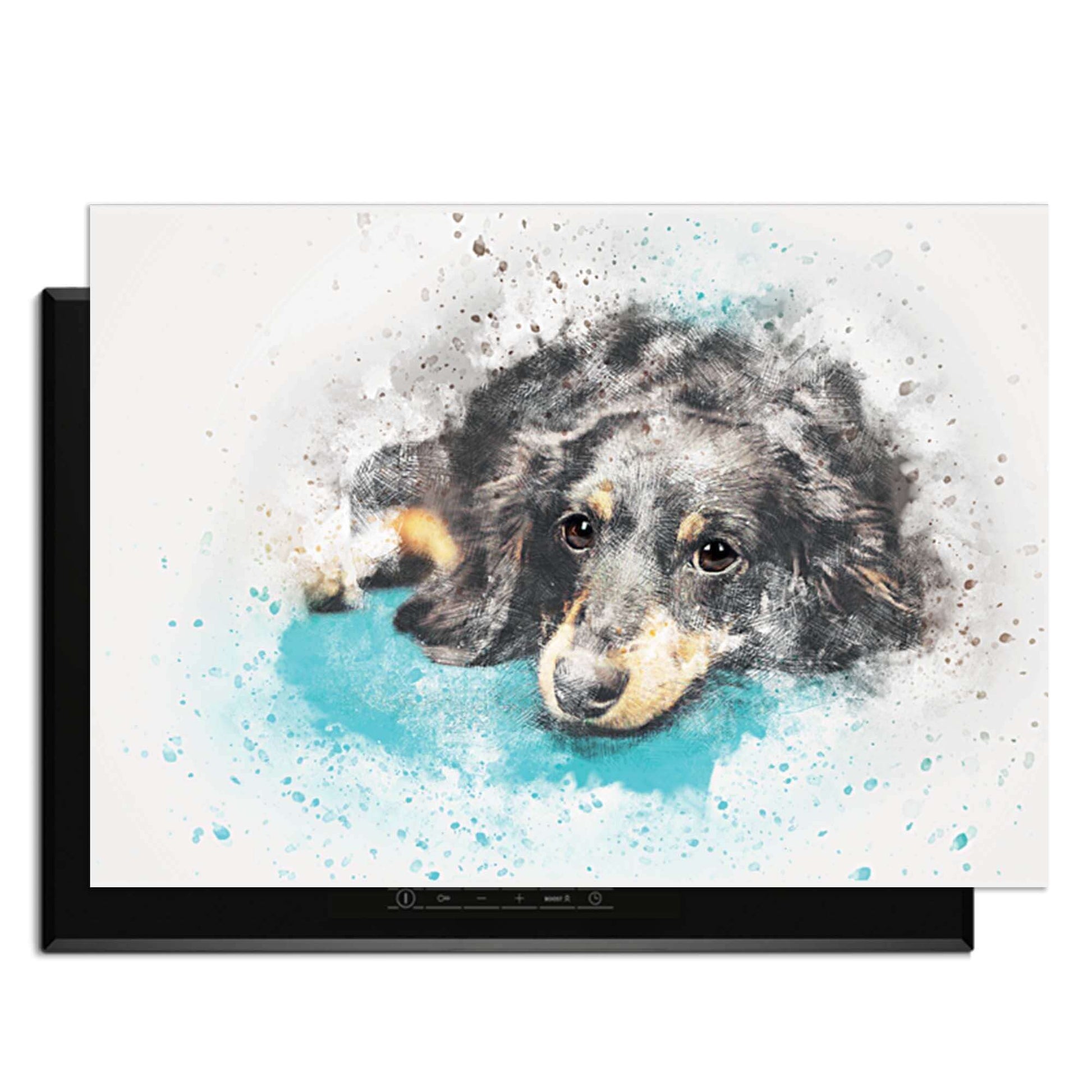 Dreamy Dachshund - Herdabdeckplatte mit süßem Aquarellmotiv eines verträumten Dackels auf einem Induktionskochfeld.