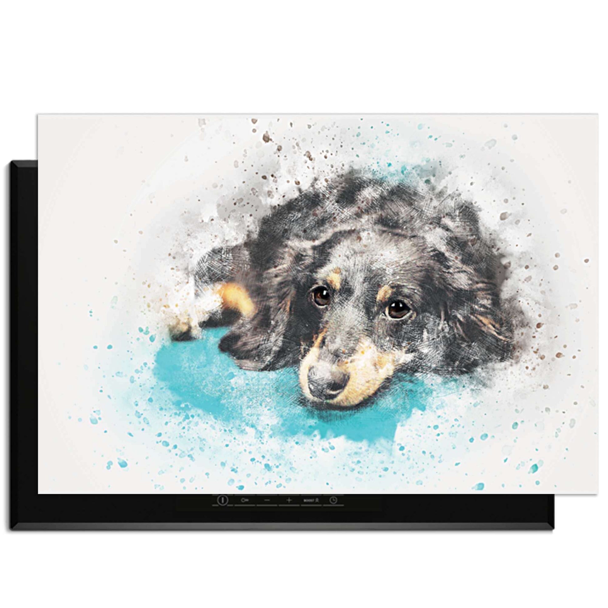 Dreamy Dachshund - Herdabdeckplatte mit Aquarellmotiv eines verträumten Dackels für die Küche.
