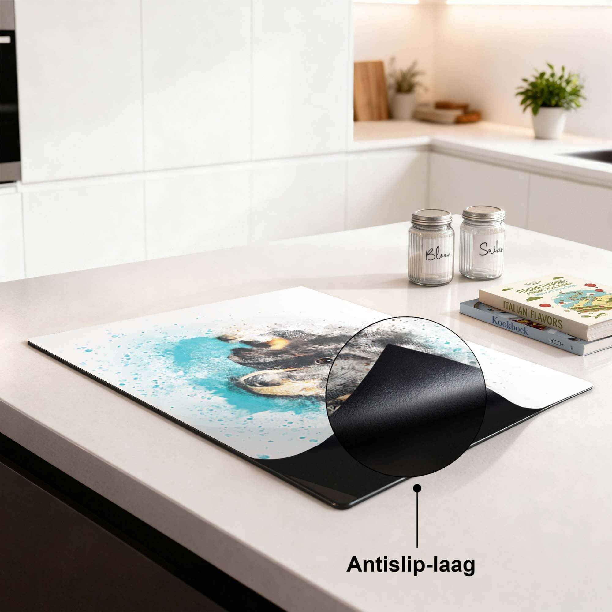 Dreamy Dachshund - Herdabdeckplatte mit Anti-Rutsch-Beschichtung auf einer modernen Küchenarbeitsplatte.