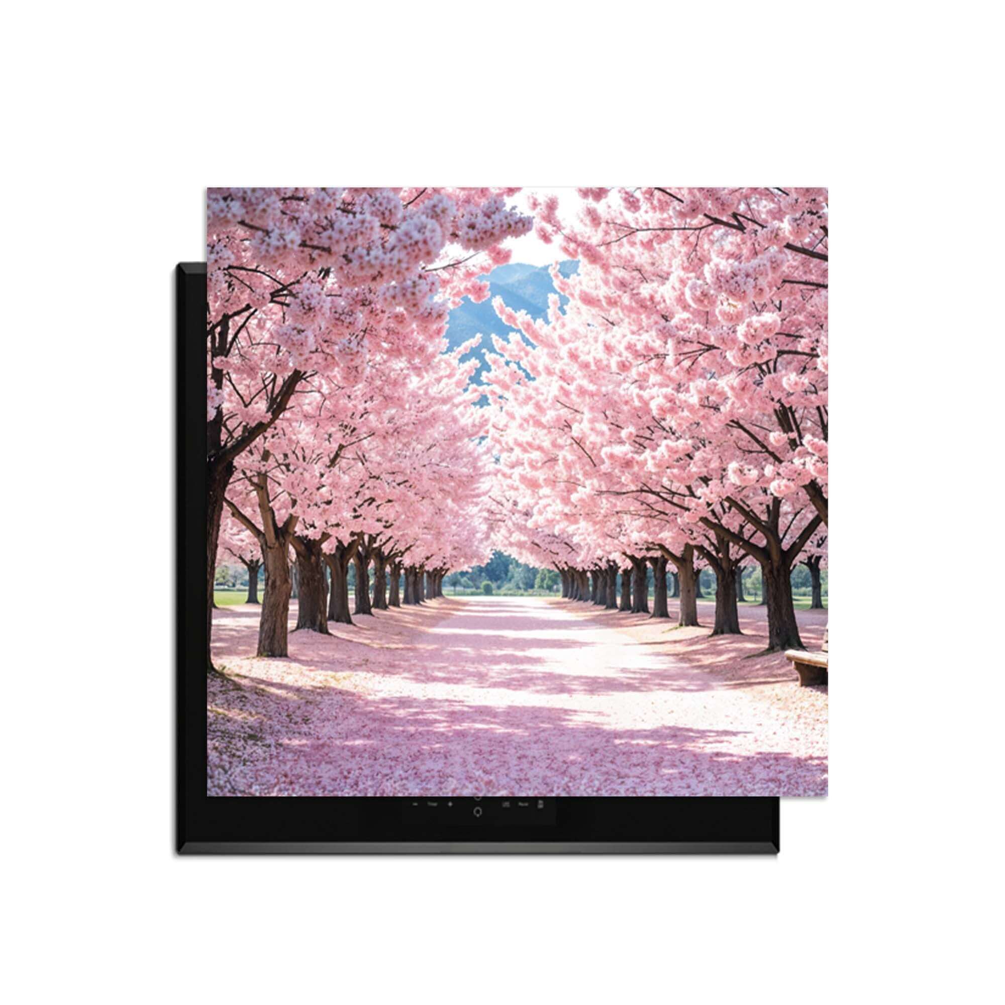 Sakura Bliss - Herdabdeckplatte mit einer schönen Aussicht auf blühende Kirschbäume.