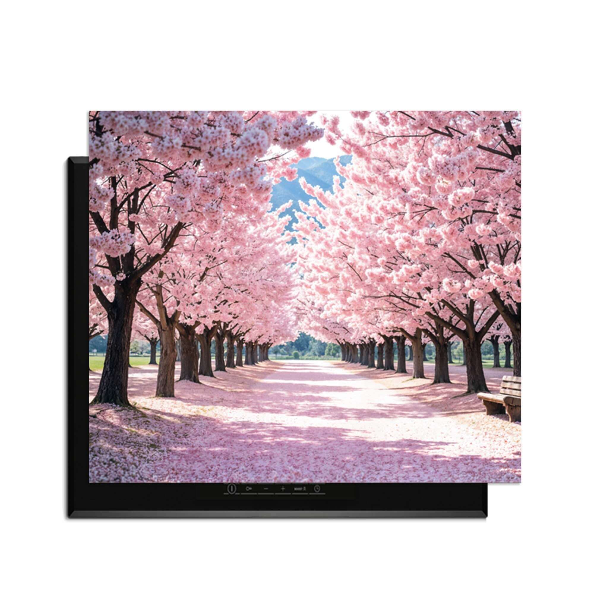 Sakura Bliss - Herdabdeckplatte mit einem sauberen Bild einer Kirschblütenallee im Frühling.