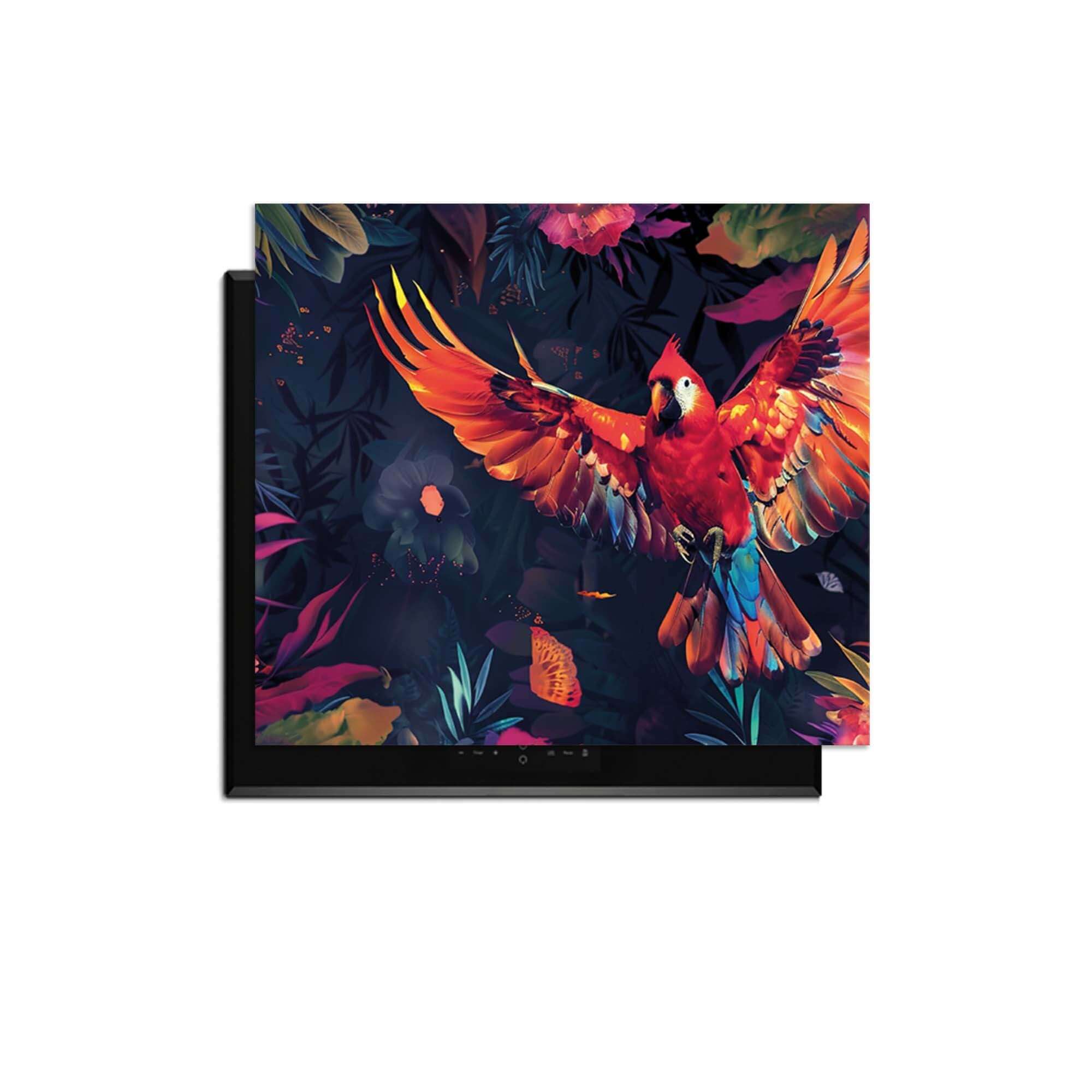 Tropical Wings - Herdabdeckplatte mit einem bunten Papagei und tropischen Blättern auf einem Induktionskochfeld.