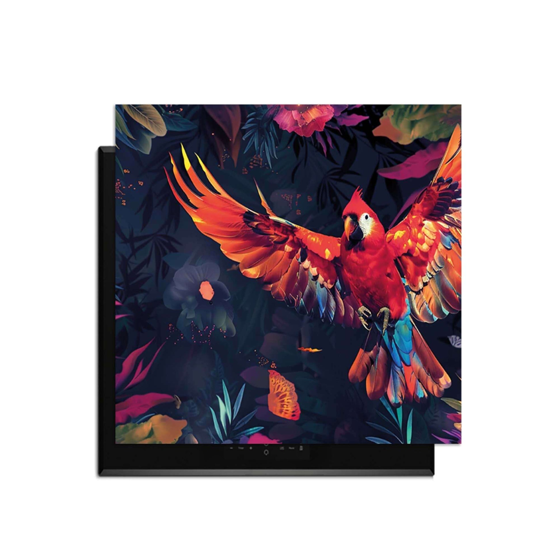 Tropical Wings - Herdabdeckplatte mit buntem Papagei und tropischem Design.