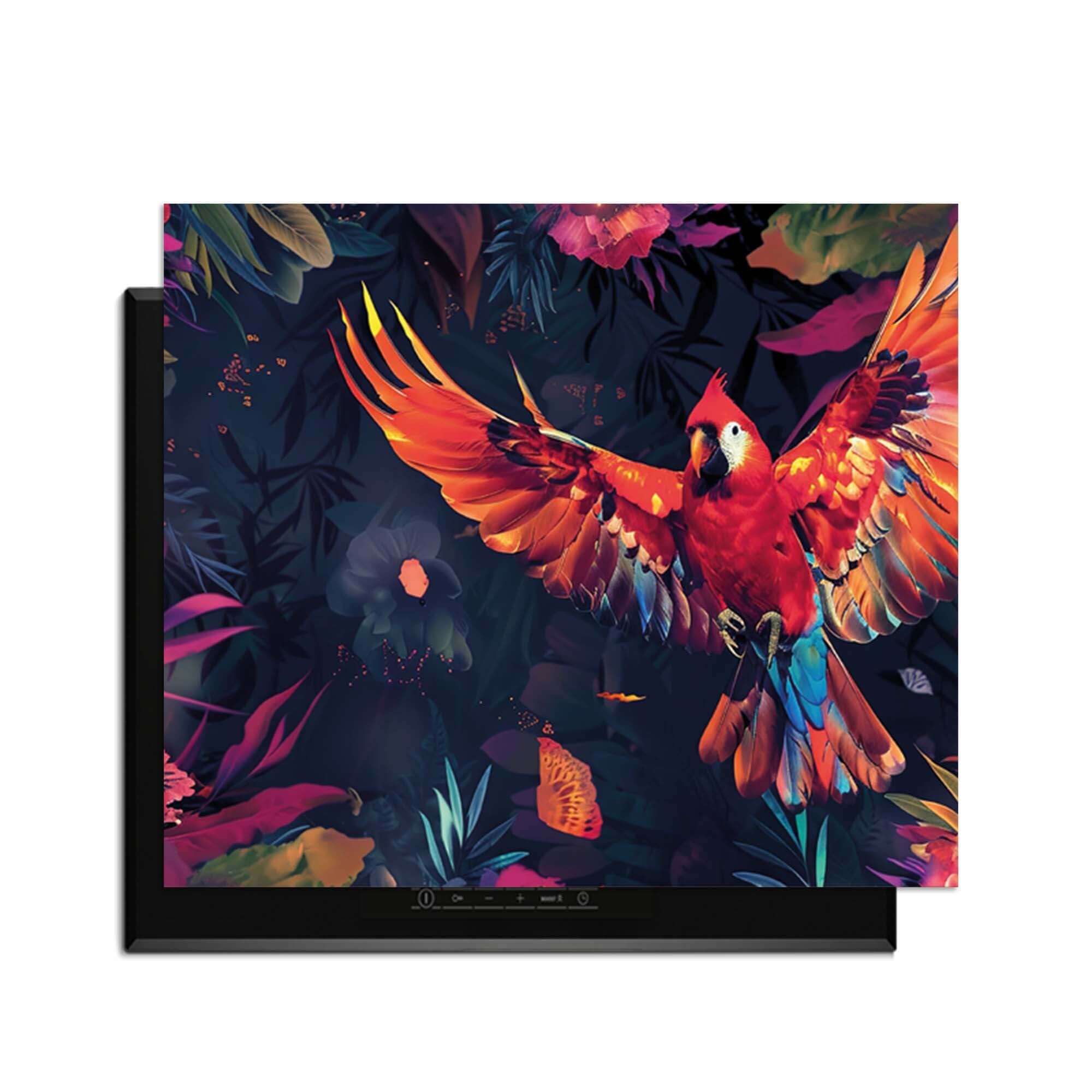 Tropical Wings - Herdabdeckplatte mit buntem Papagei und tropischen Blättern