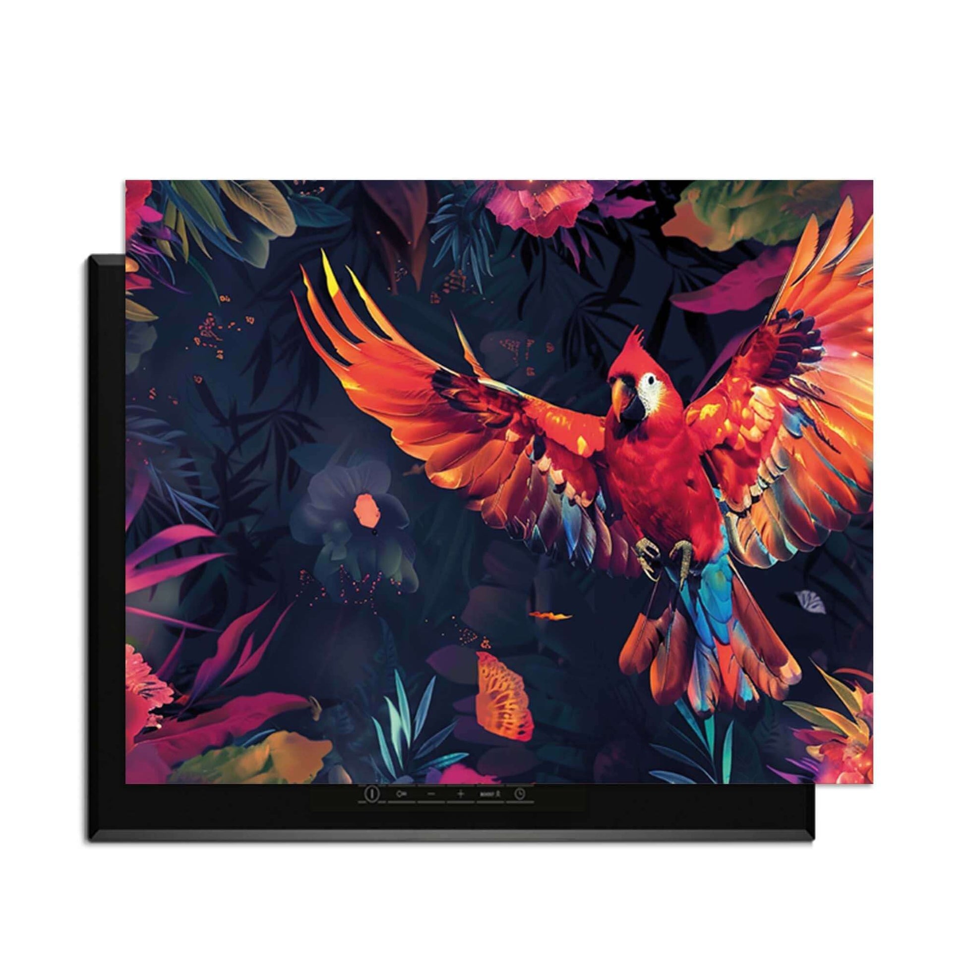 Tropical Wings - Herdabdeckplatte mit bunten Papageien- und Tropenmotiven für ein lebendiges Küchendekor.