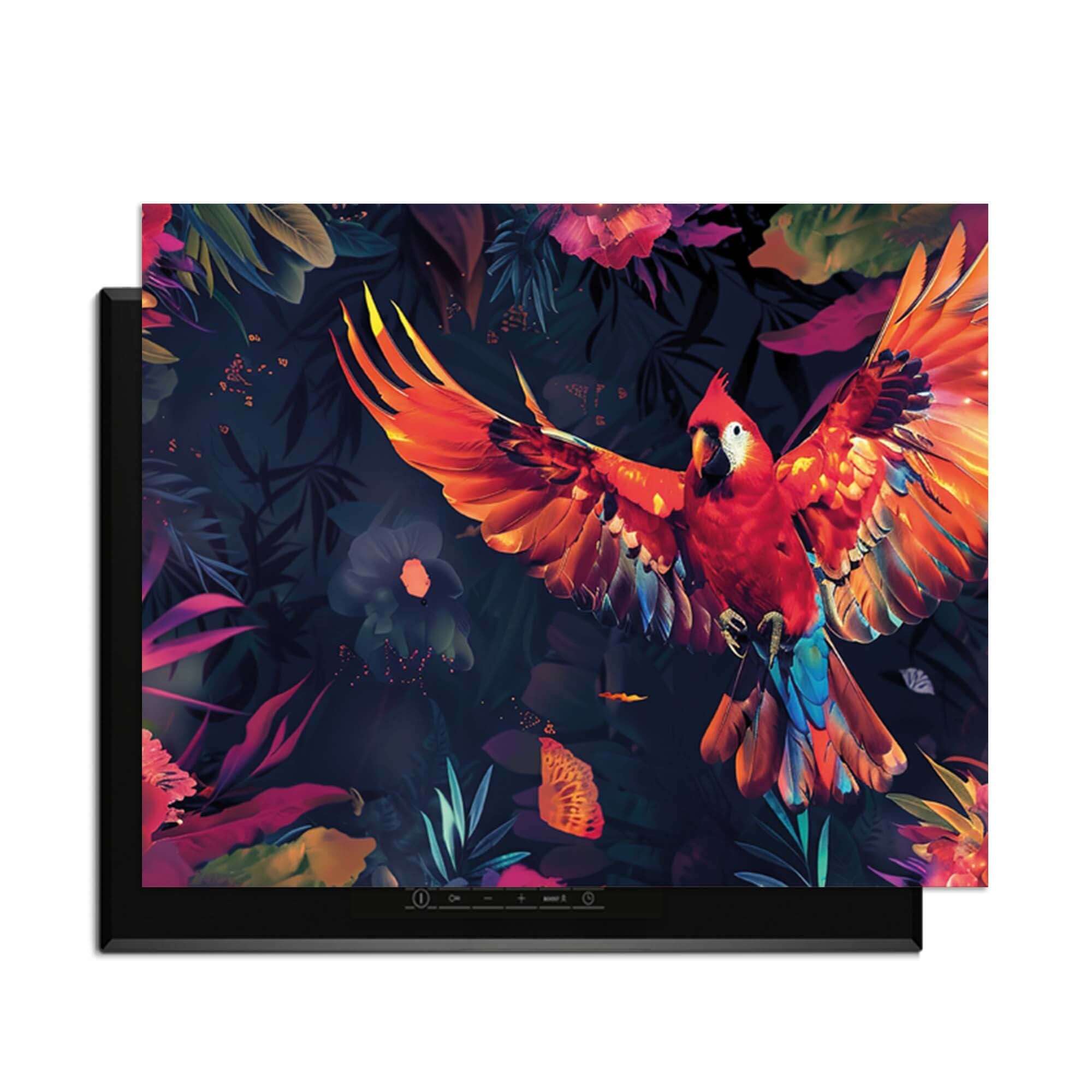 Tropical Wings - Herdabdeckplatte mit bunten Papageien- und Tropenmotiven für ein lebendiges Küchendekor.