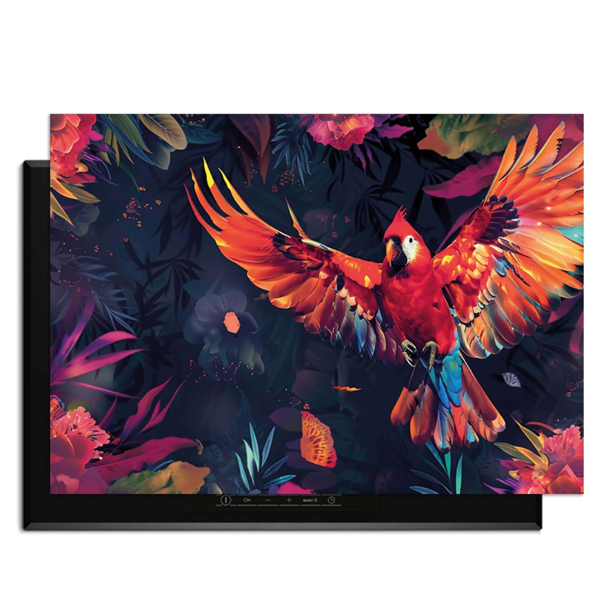 Tropical Wings - Herdabdeckplatte mit buntem Papagei und tropischen Blumen.