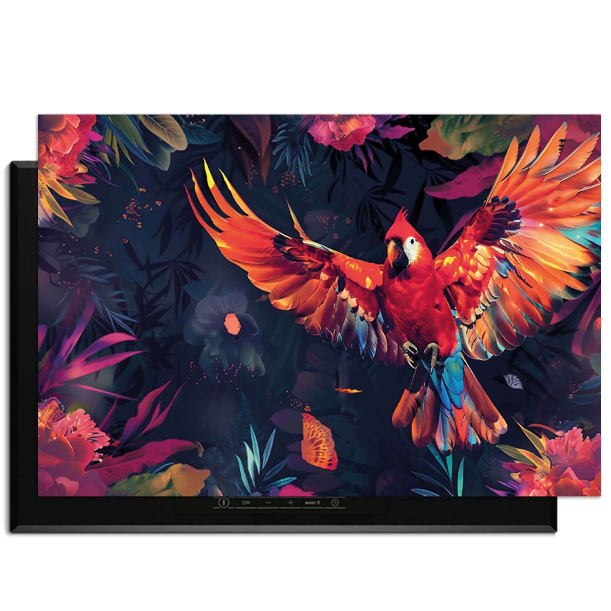Tropical Wings - Herdabdeckplatte mit buntem tropischem Vogel und Blumen auf schwarzem Hintergrund.