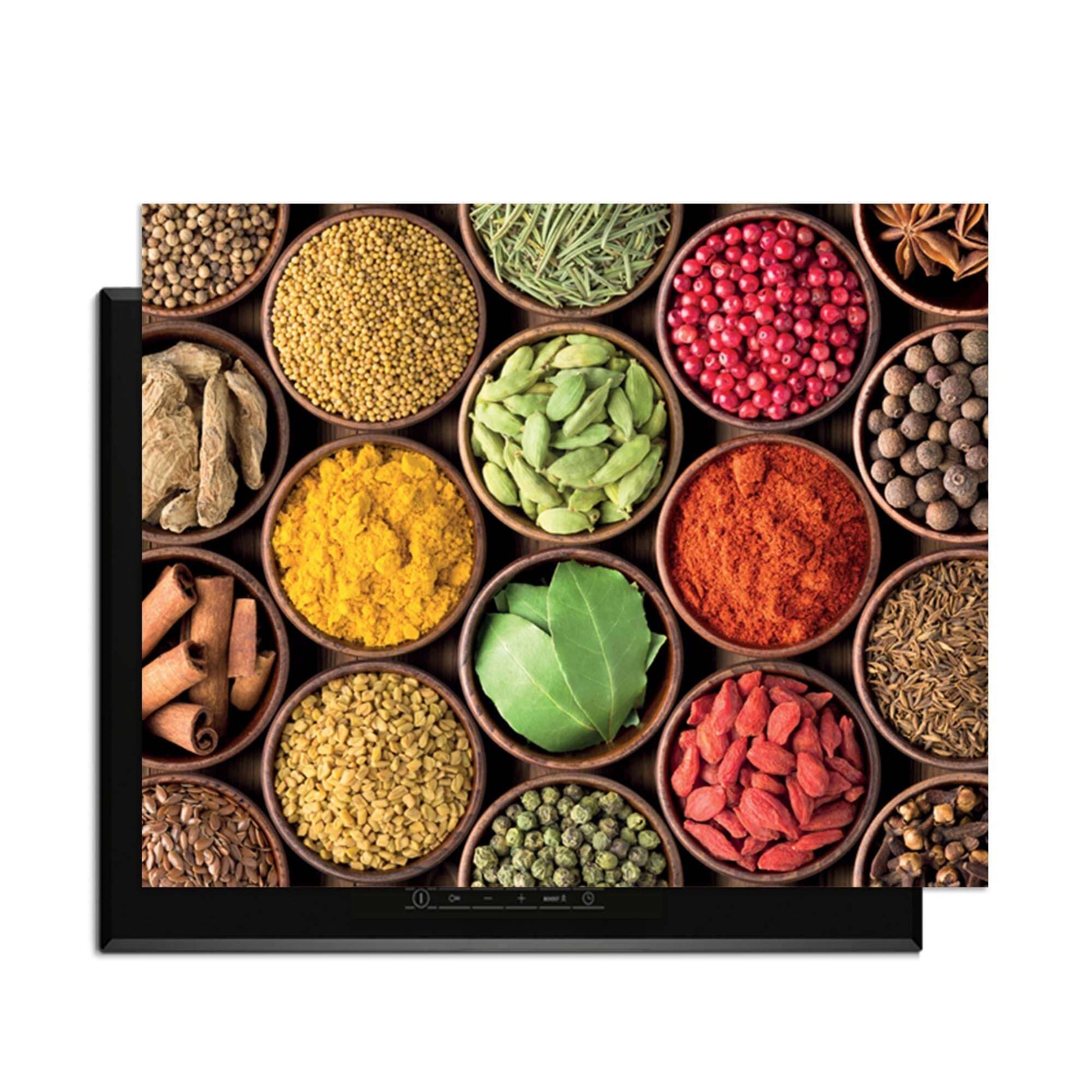 Spice Harmony - Herdabdeckplatte mit bunten Gewürzen in stilvollen Behältern auf dem Induktionskochfeld.