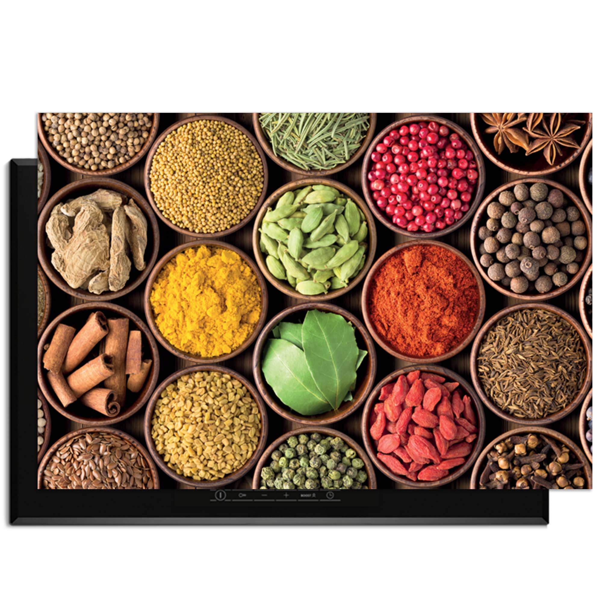 Spice Harmony - Herdabdeckplatte mit bunten Gewürzen in Schalen für eine stilvolle Küche.