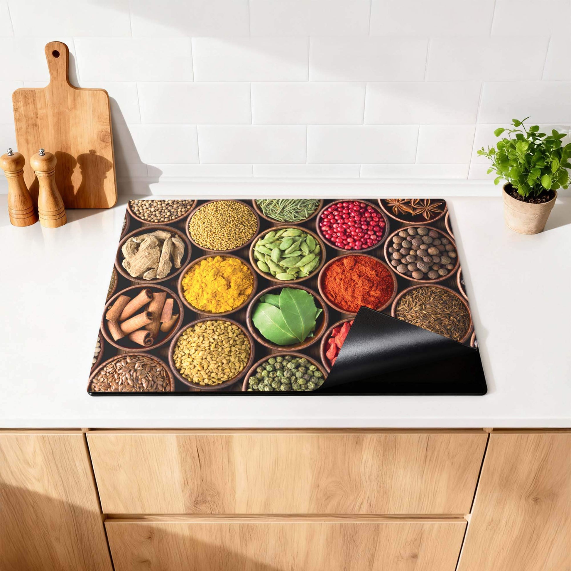 Spice Harmony - Herdabdeckplatte mit einer bunten Auswahl an Kräutern und Gewürzen auf einer Arbeitsplatte.