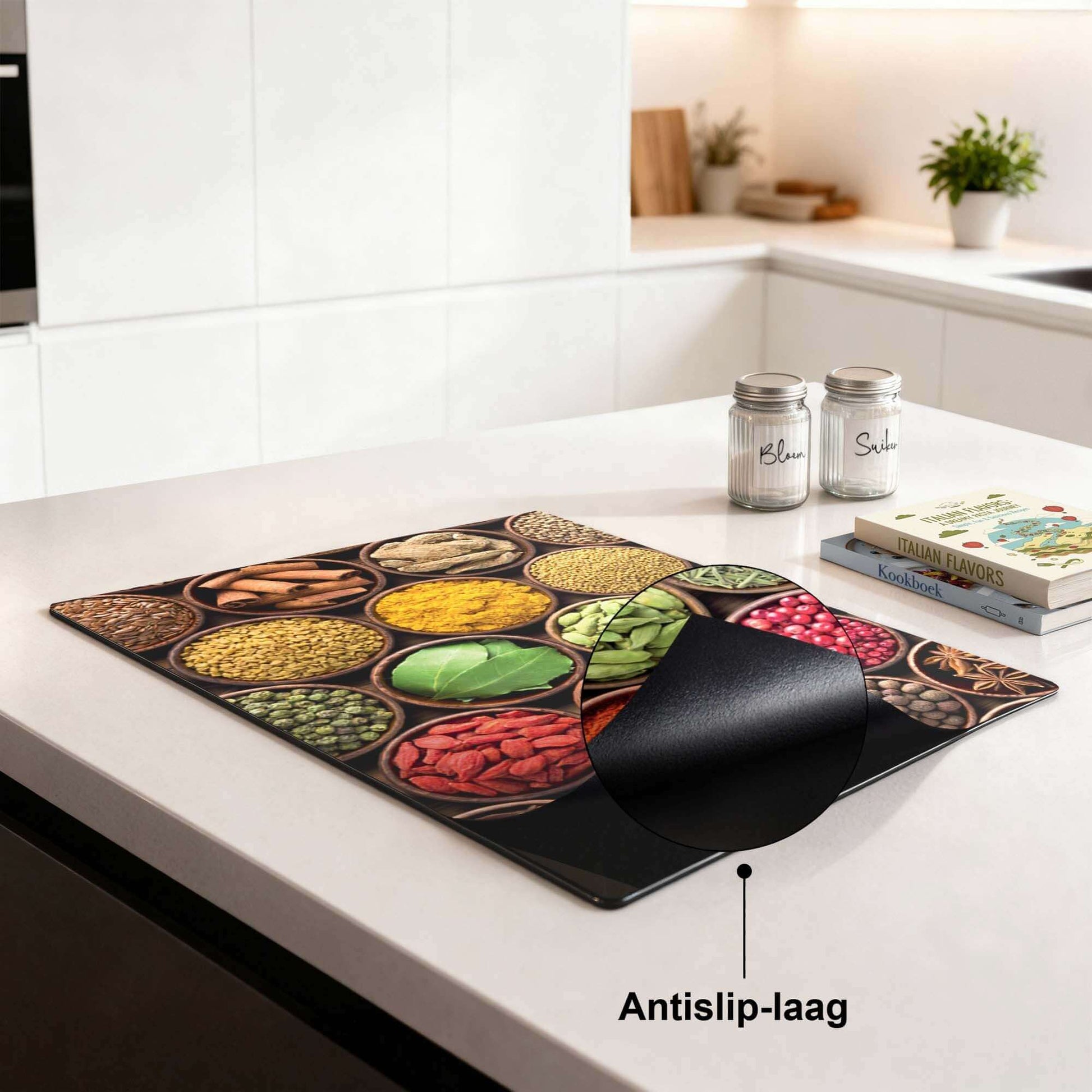 Spice Harmony - Herdabdeckplatte mit rutschfester Beschichtung und bunten Gewürzmotiven auf einer Küchenarbeitsplatte.