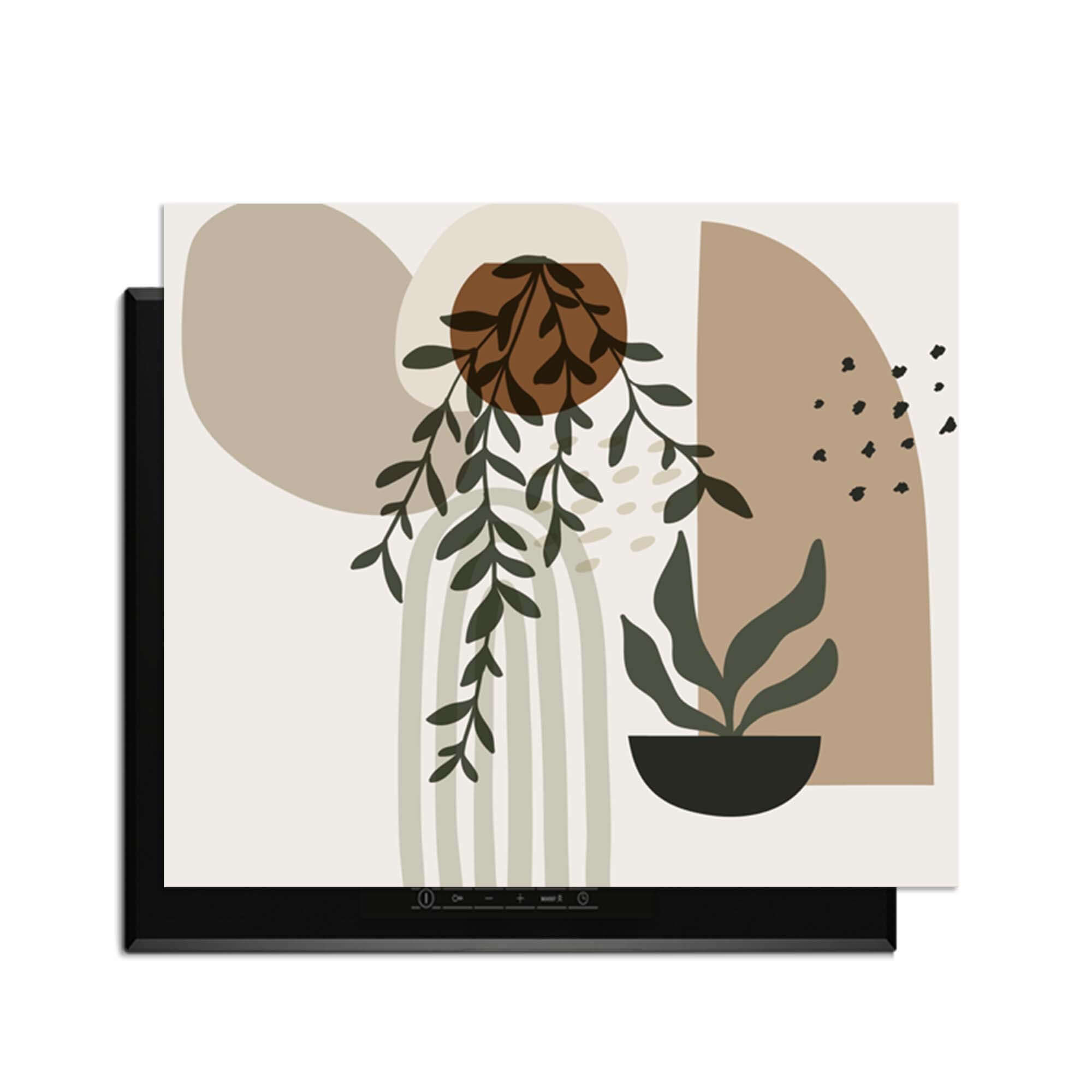 Botanical Harmony - Japandi Herdabdeckplatte mit botanischem Design und warmen Farben für eine elegante Küche.