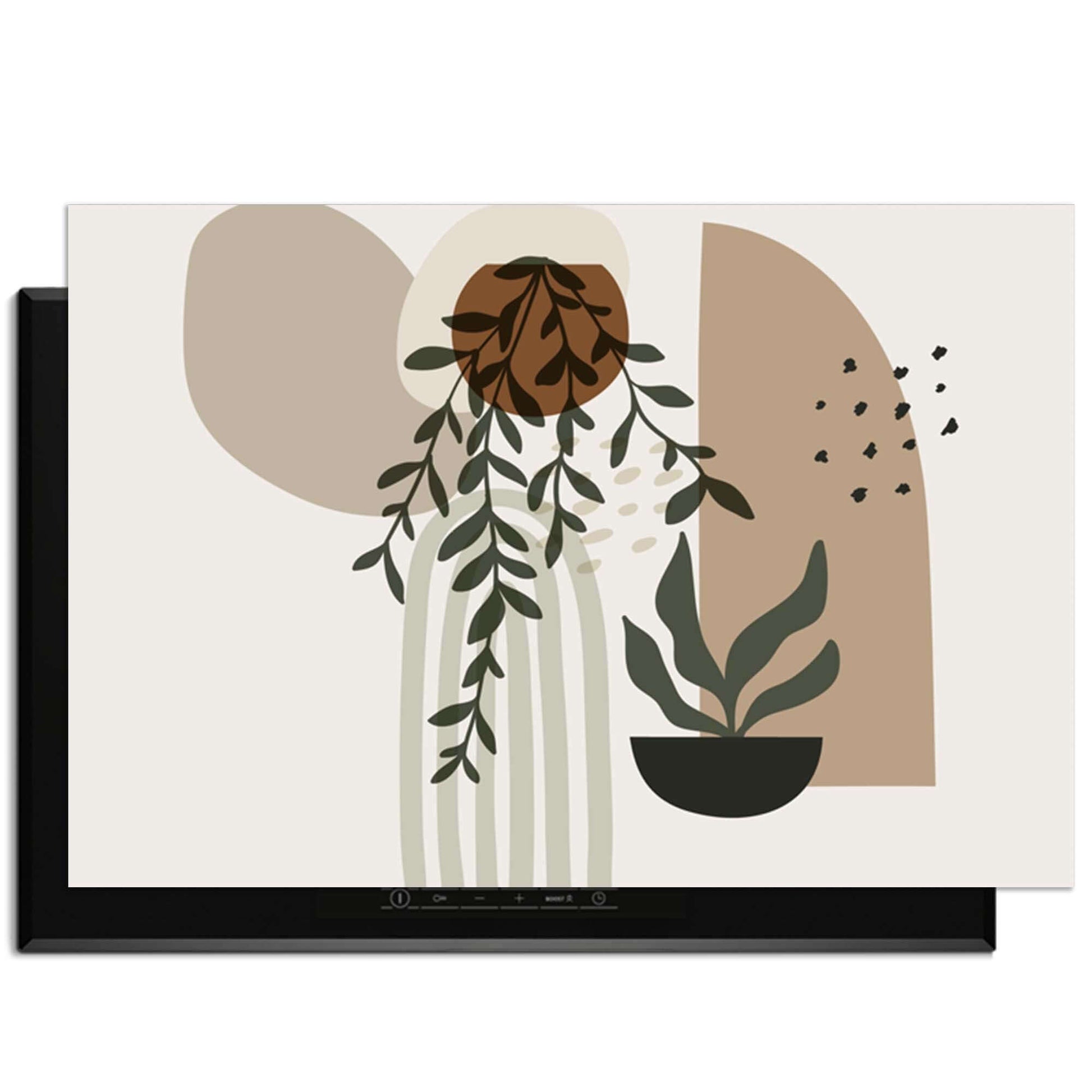 Botanical Harmony - Japandi Herdabdeckplatte mit botanischem Design und natürlichen Akzenten in der Küche.