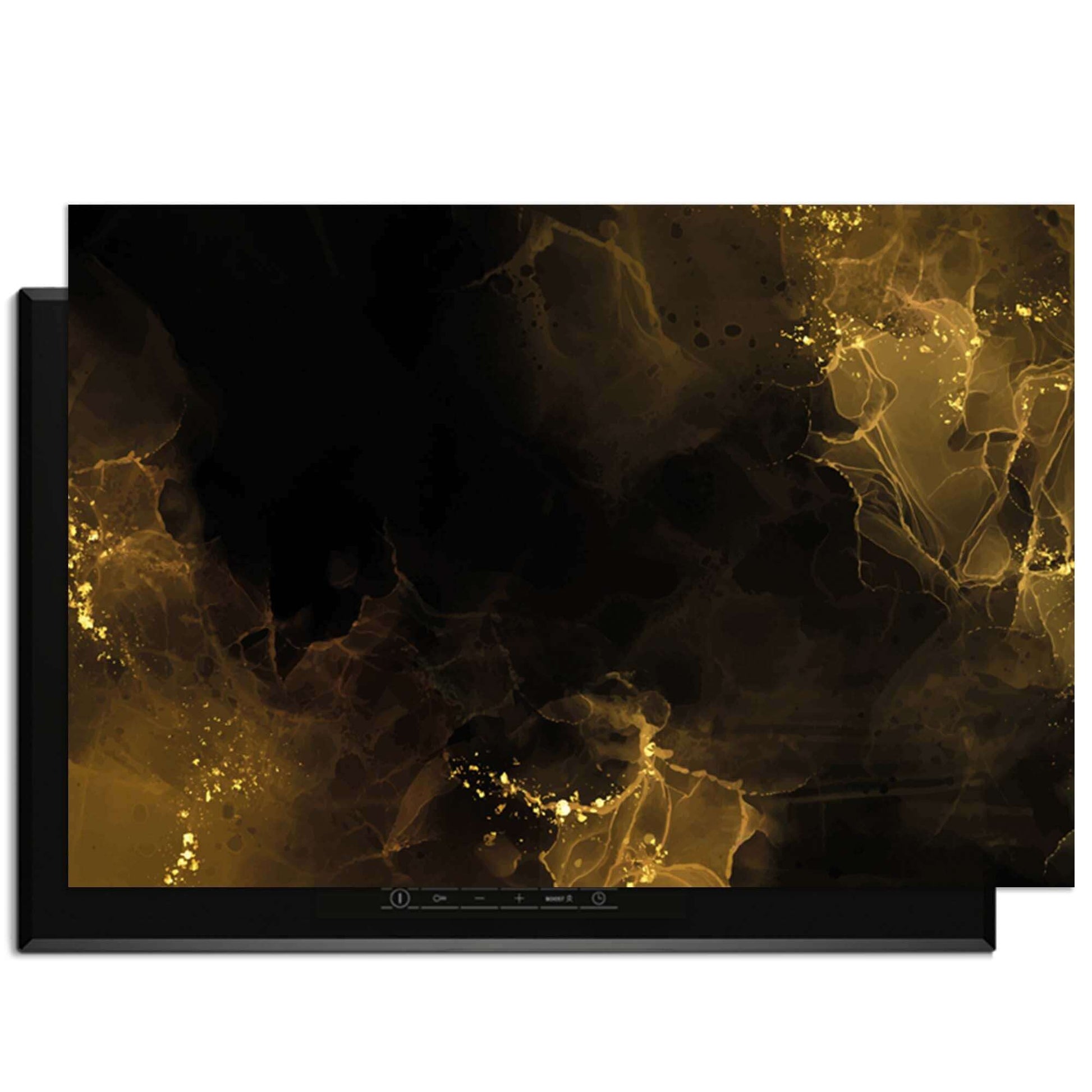 Golden Smoke - Herdabdeckplatte mit tiefschwarzem Hintergrund und goldenen Akzenten für ein luxuriöses Küchenbild