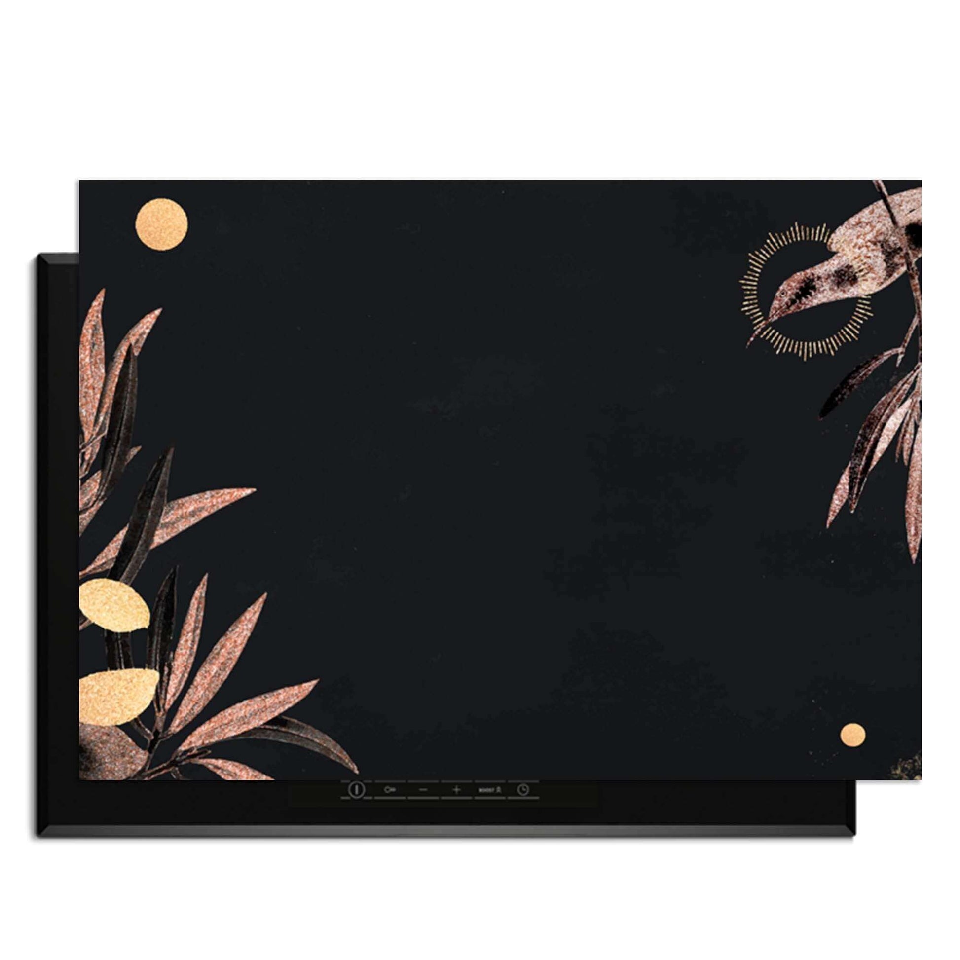 Golden Olive - Herdabdeckplatte mit schwarzem Design, goldenen Olivenzweigen und eleganten Vogeldetails.