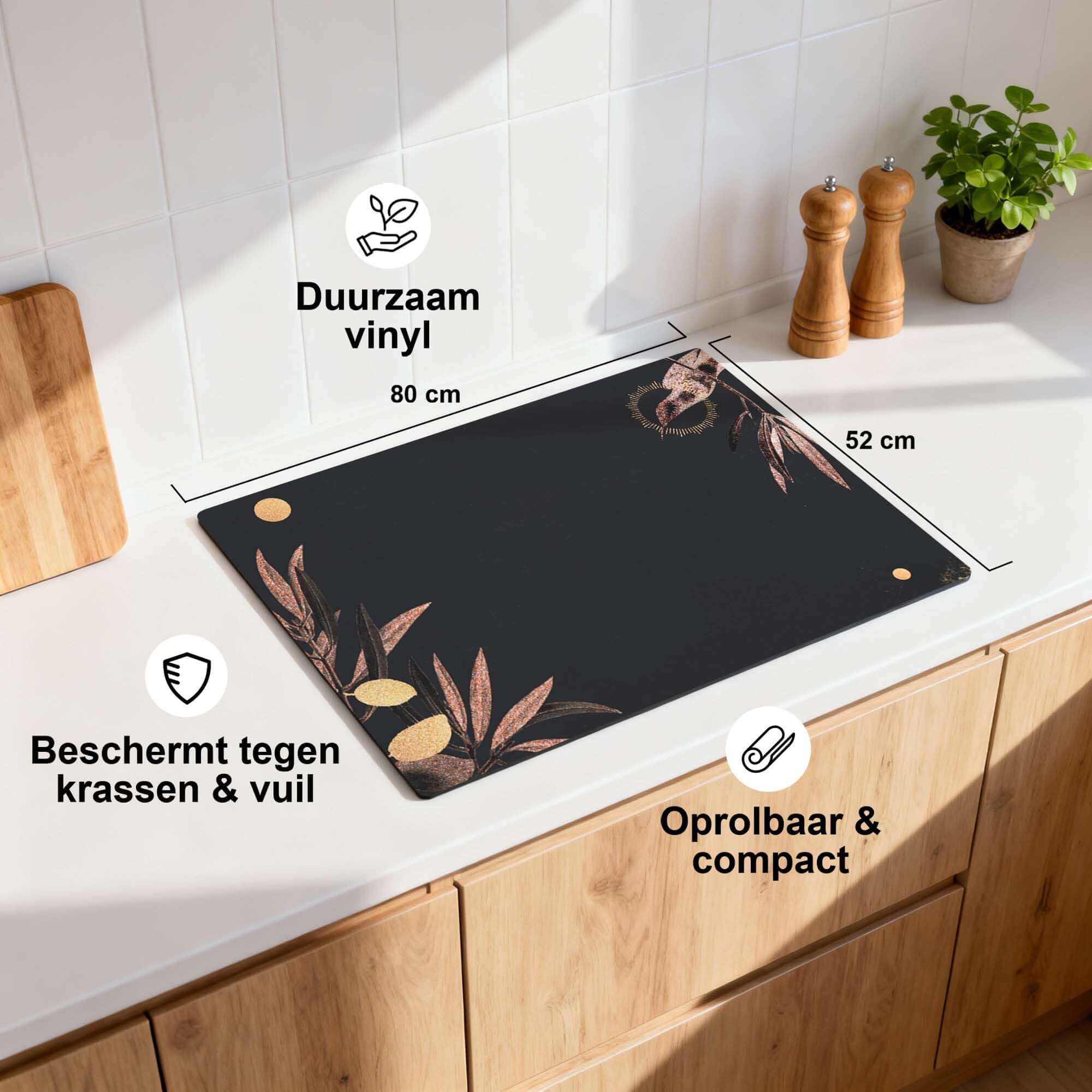 Golden Olive - Herdabdeckplatte auf einer Küchenarbeitsplatte, haltbares Vinyl, schützt vor Kratzern und Schmutz.
