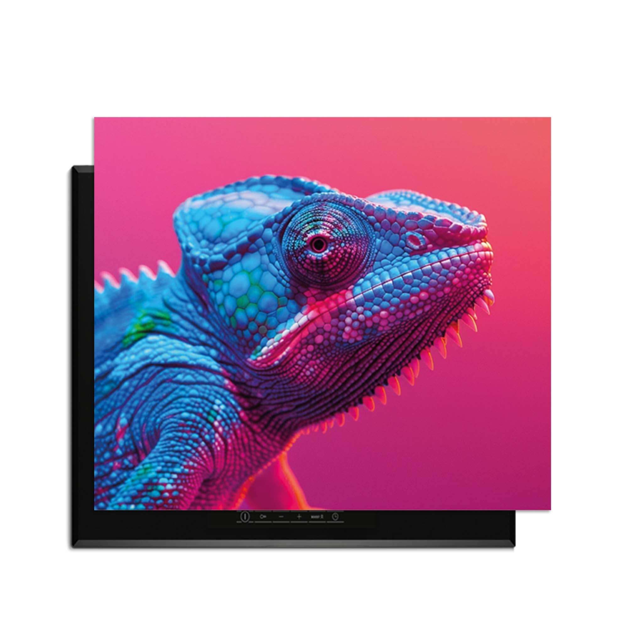 Chroma Cameleon - Herdabdeckplatte mit buntem Chamäleon-Design im Neon-Stil.