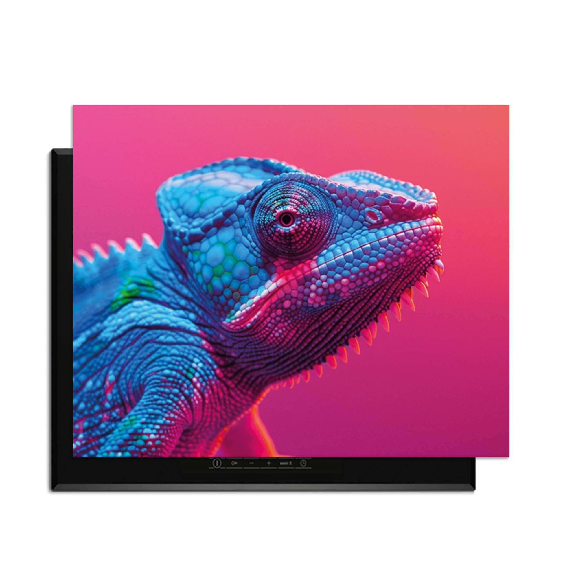 Chroma Cameleon - Herdabdeckplatte im Neon-Stil mit Chamäleon für farbenfrohen Küchenschutz.