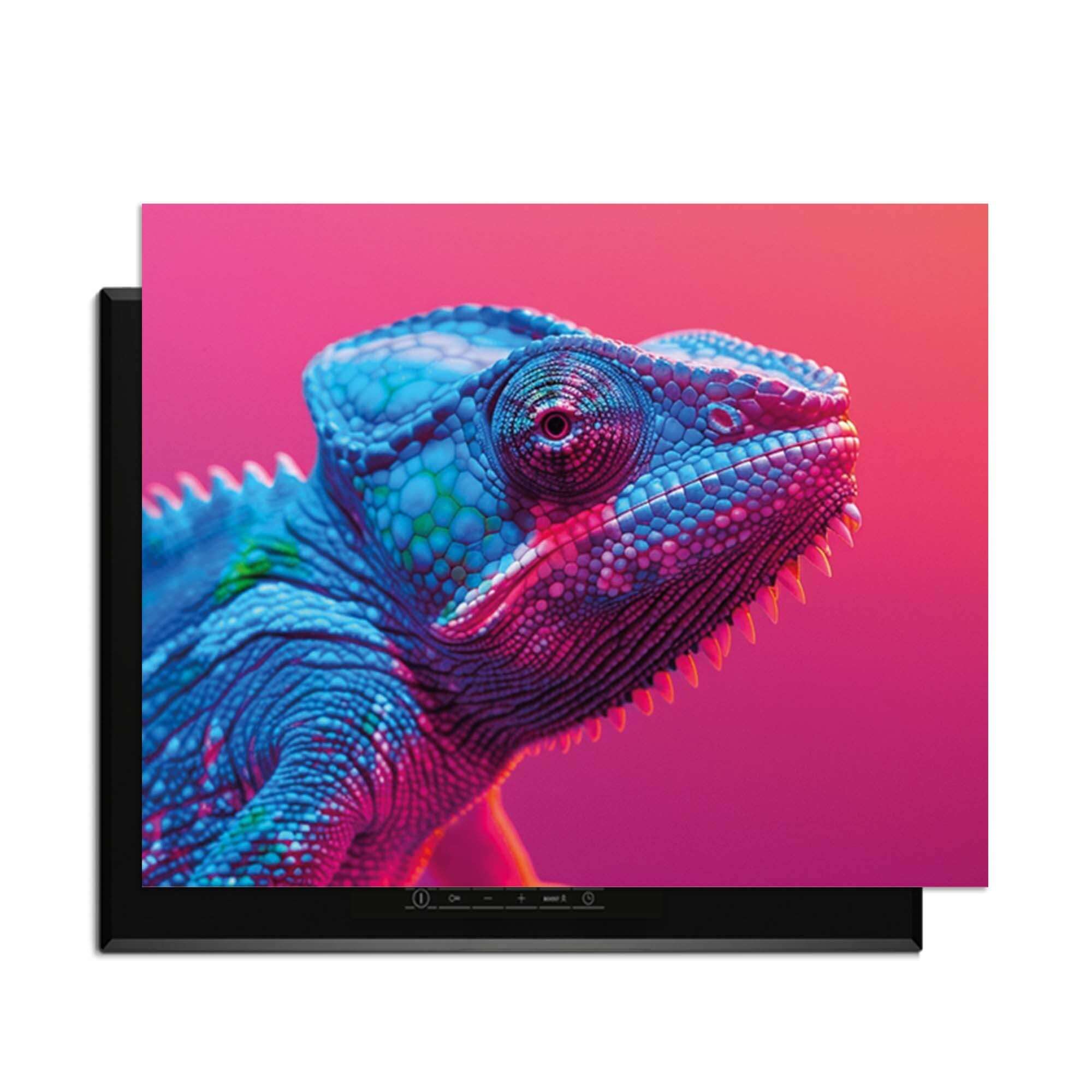 Chroma Cameleon - Herdabdeckplatte im Neon-Stil mit Chamäleon für farbenfrohen Küchenschutz.