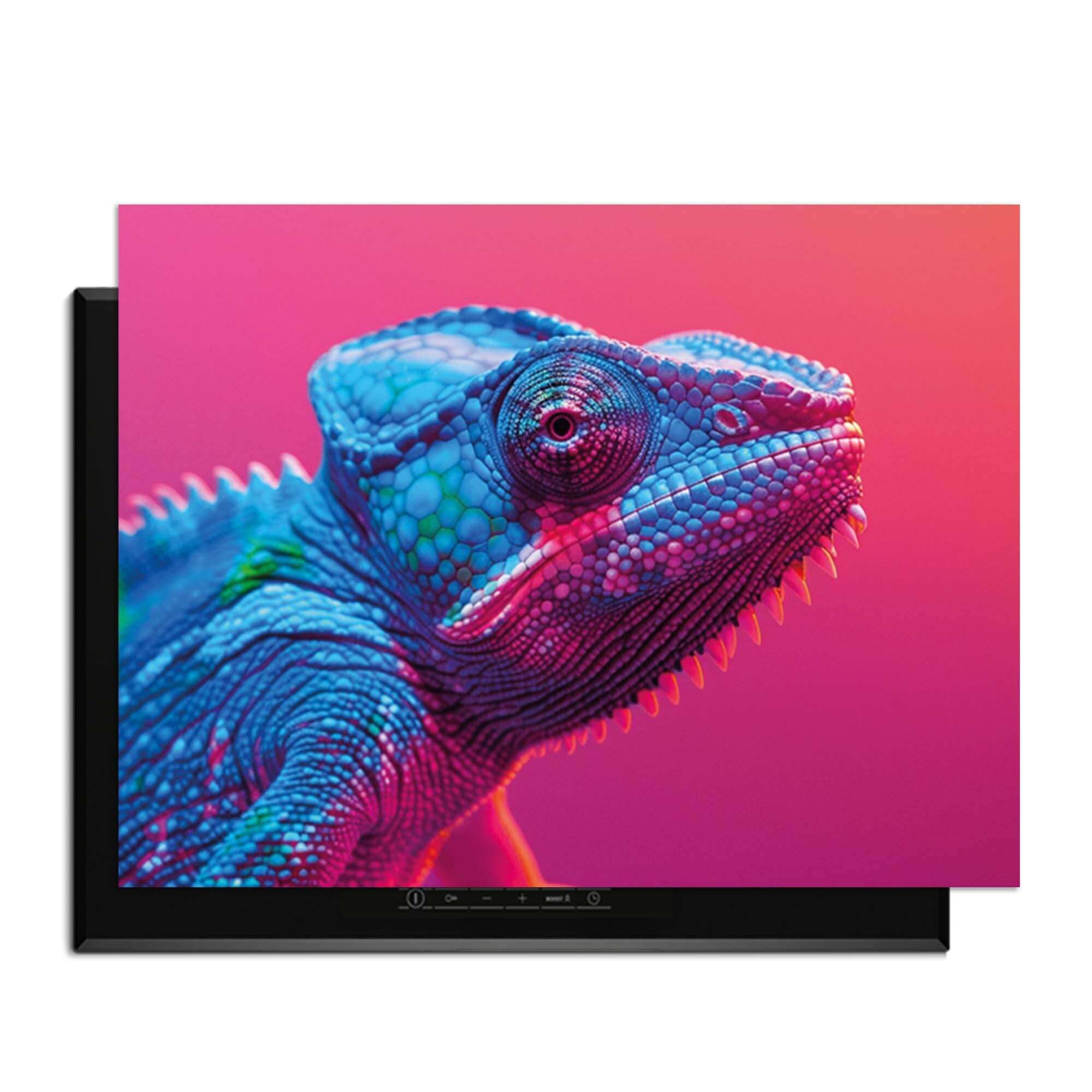 Chroma Cameleon - Herdabdeckplatte mit buntem Chamäleon im Neon-Stil für eine verspielte Küche.