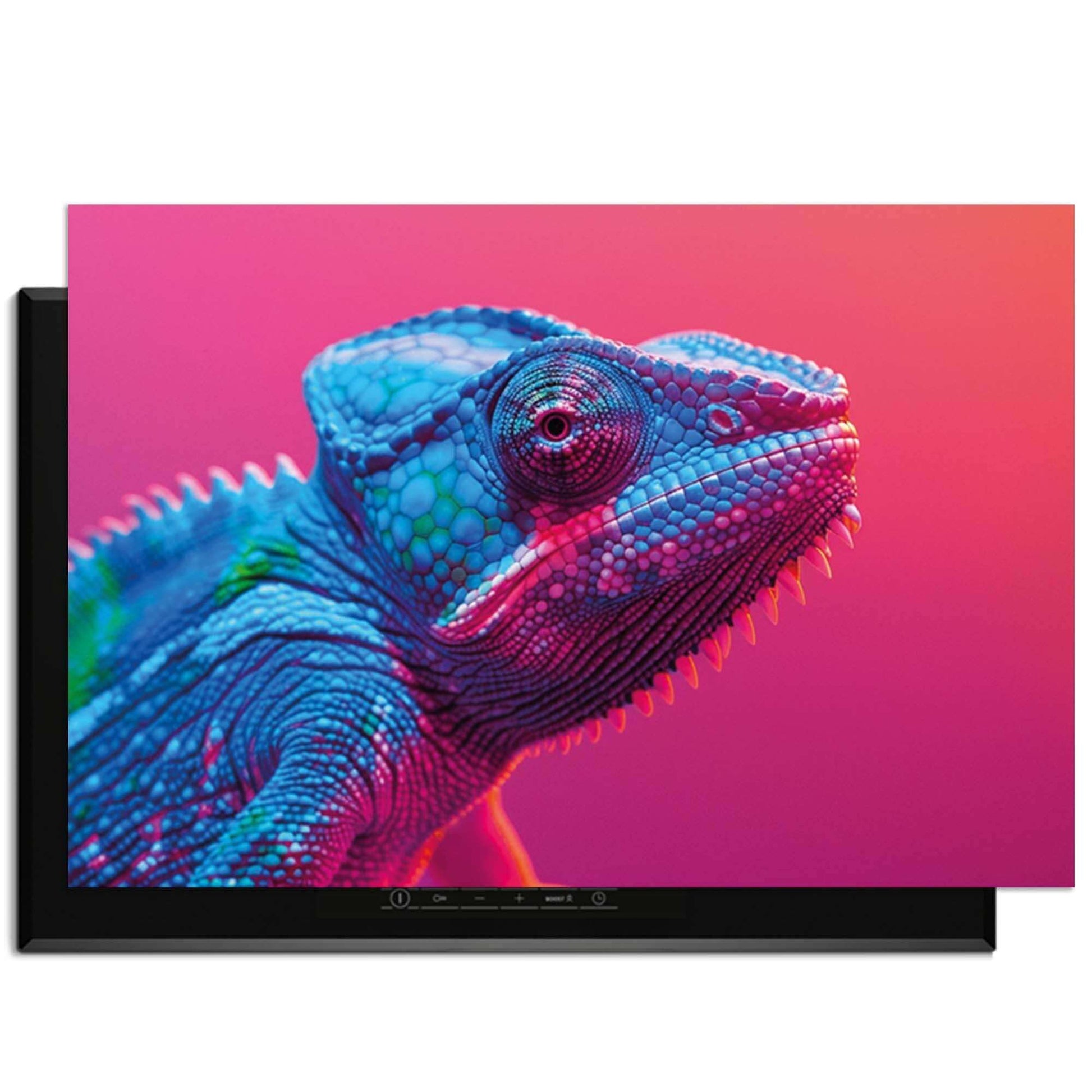 Chroma Cameleon - Herdabdeckplatte mit einem bunten Chamäleon im Neon-Stil, verspielt und schützend.