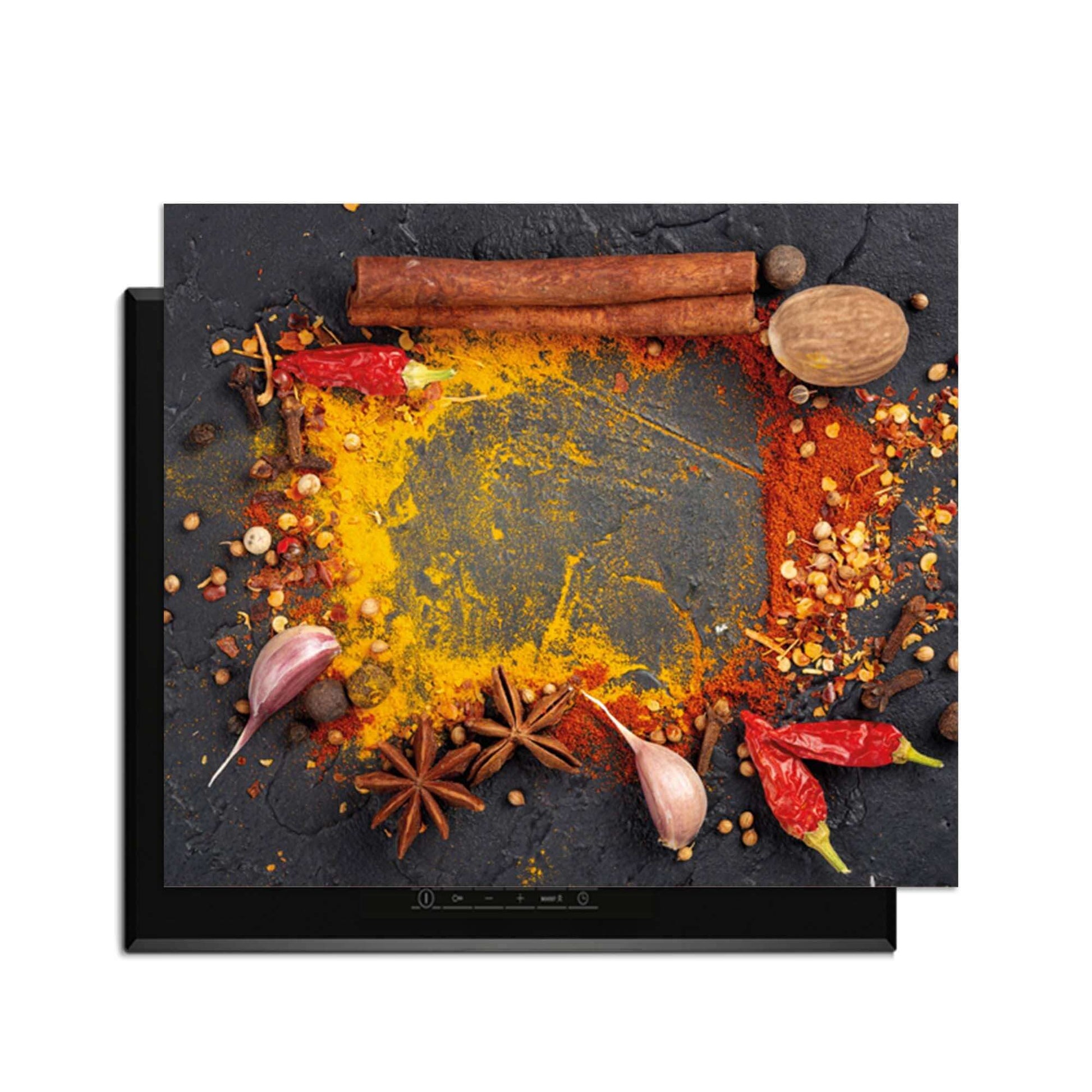 Eastern Spice Mix - Herdabdeckplatte mit bunten Gewürzen auf dem Induktionskochfeld.