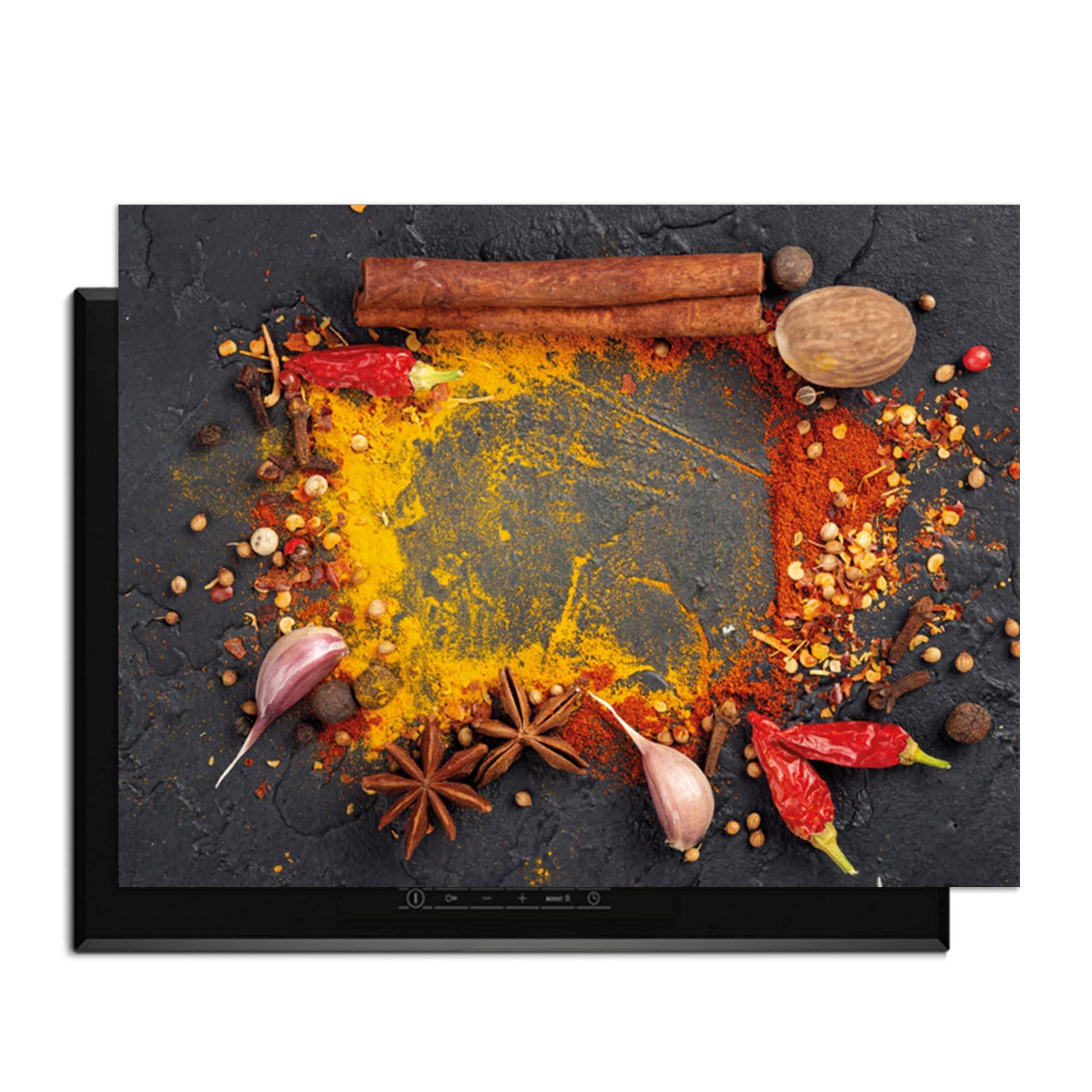 Eastern Spice Mix - Herdabdeckplatte mit bunten Gewürzen und Kräutern auf einem Induktionskochfeld.