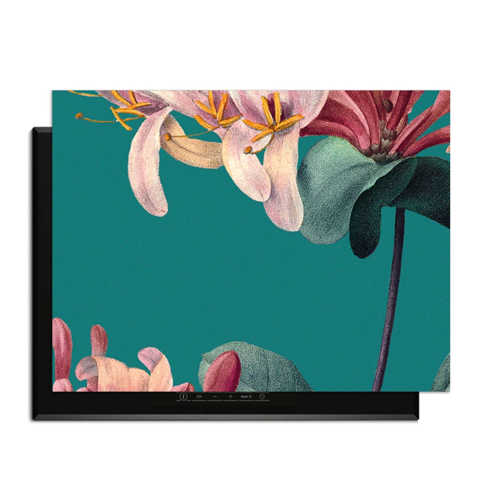 Botanical Elegance - Herdabdeckplatte mit Vintage-Blumenmuster auf grünem Hintergrund.