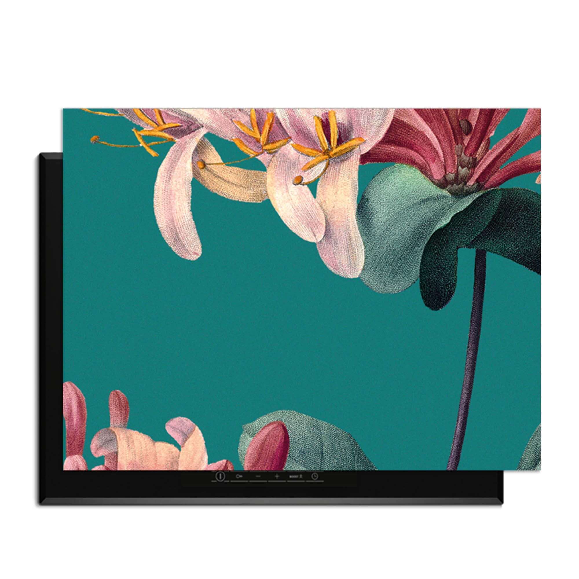 Botanical Elegance - Herdabdeckplatte mit Vintage-Blumenmuster auf grünem Hintergrund.