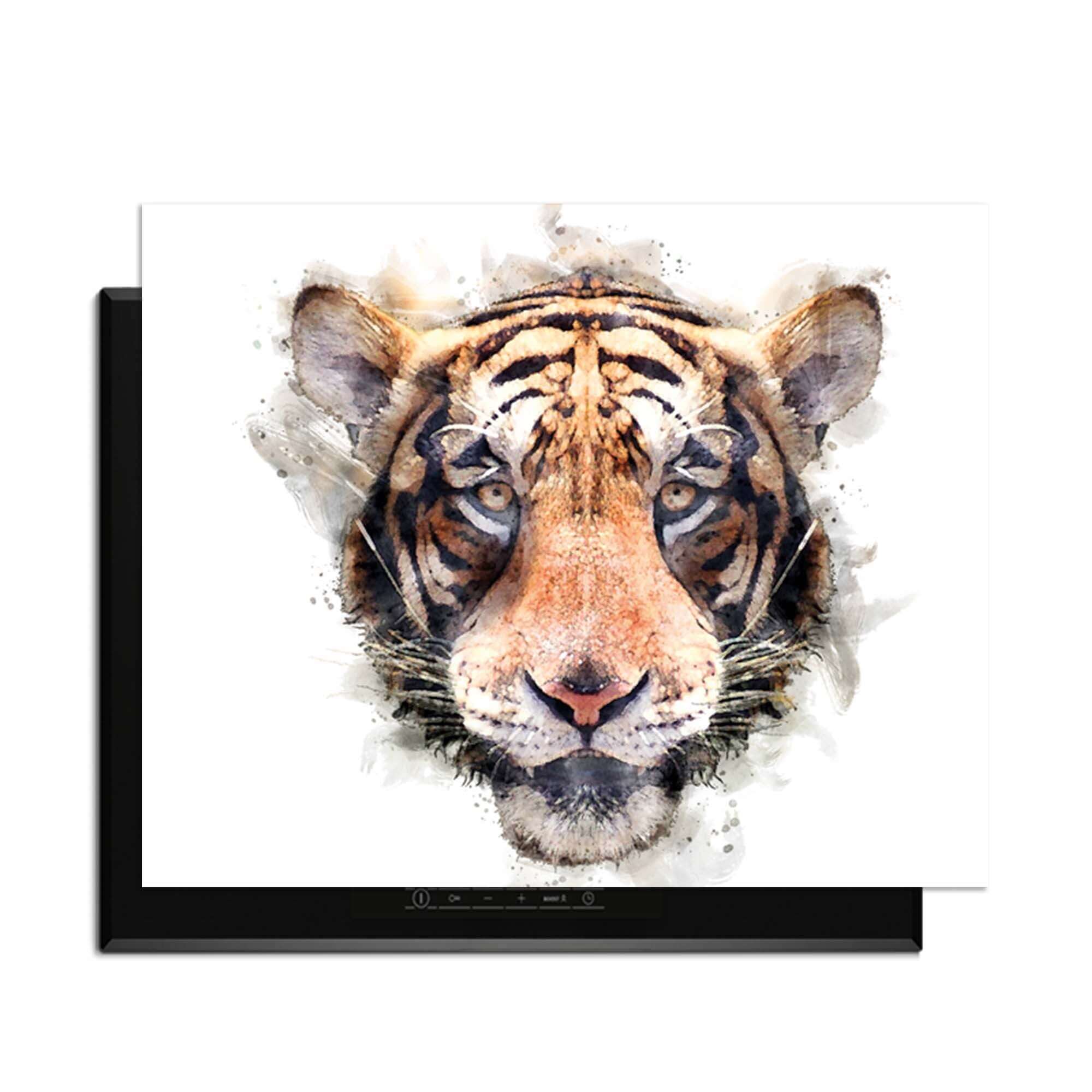 Majestic Tiger - Herdabdeckplatte mit Aquarellmalerei eines Tigerkopfes für einen kraftvollen Look in der Küche.