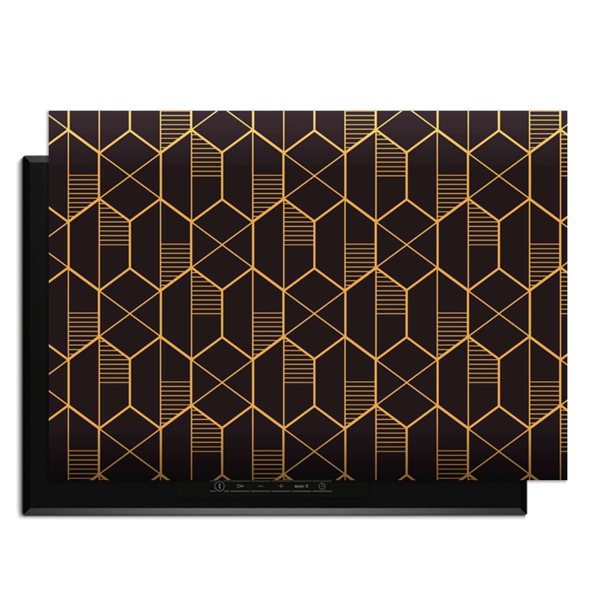 Goldenes Prisma - Herdabdeckplatte mit geometrischem goldenem Muster auf schwarzem Hintergrund.