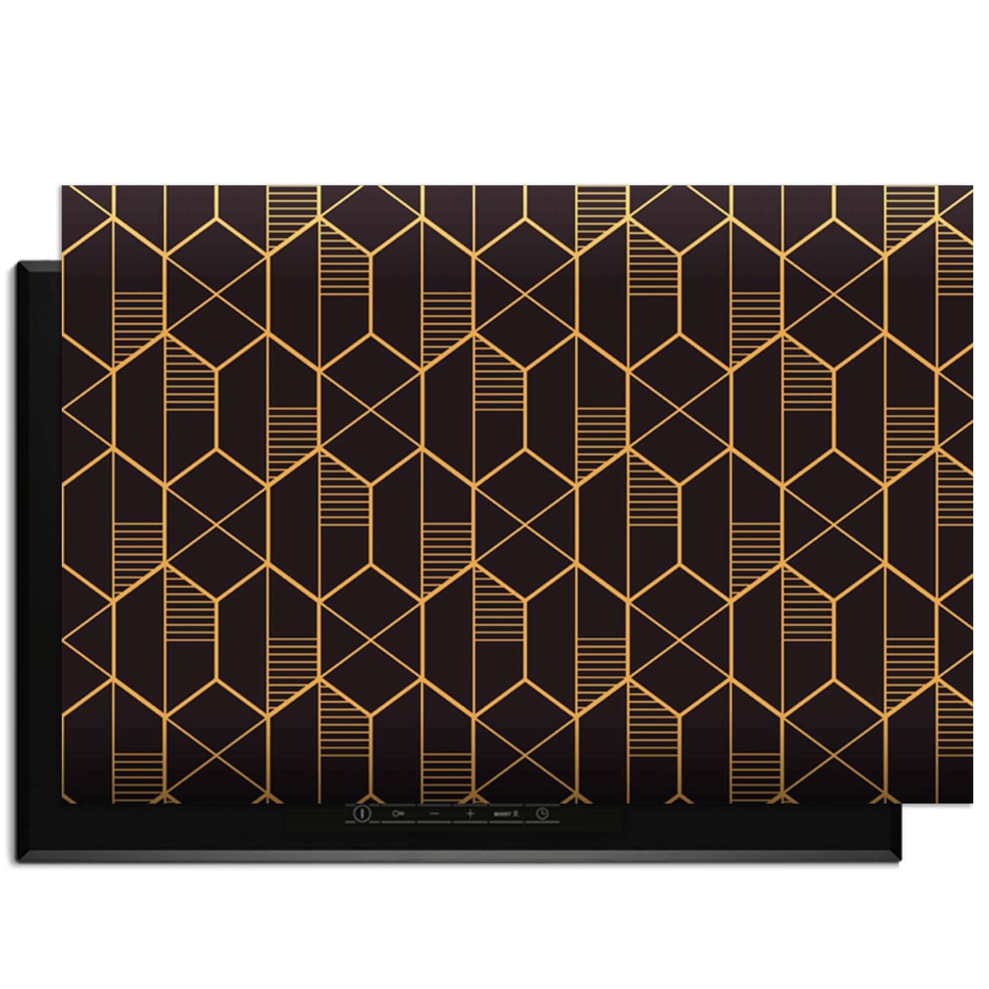 Goldenes Prisma - Herdabdeckplatte mit geometrischem Goldmuster auf schwarzem Hintergrund.