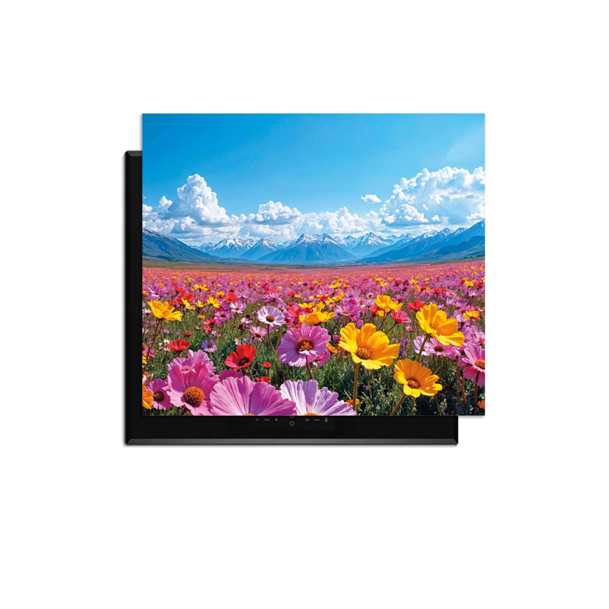 Blooming Horizon - Induktionswächter mit buntem Blumenfeld und Bergen als Hintergrund.