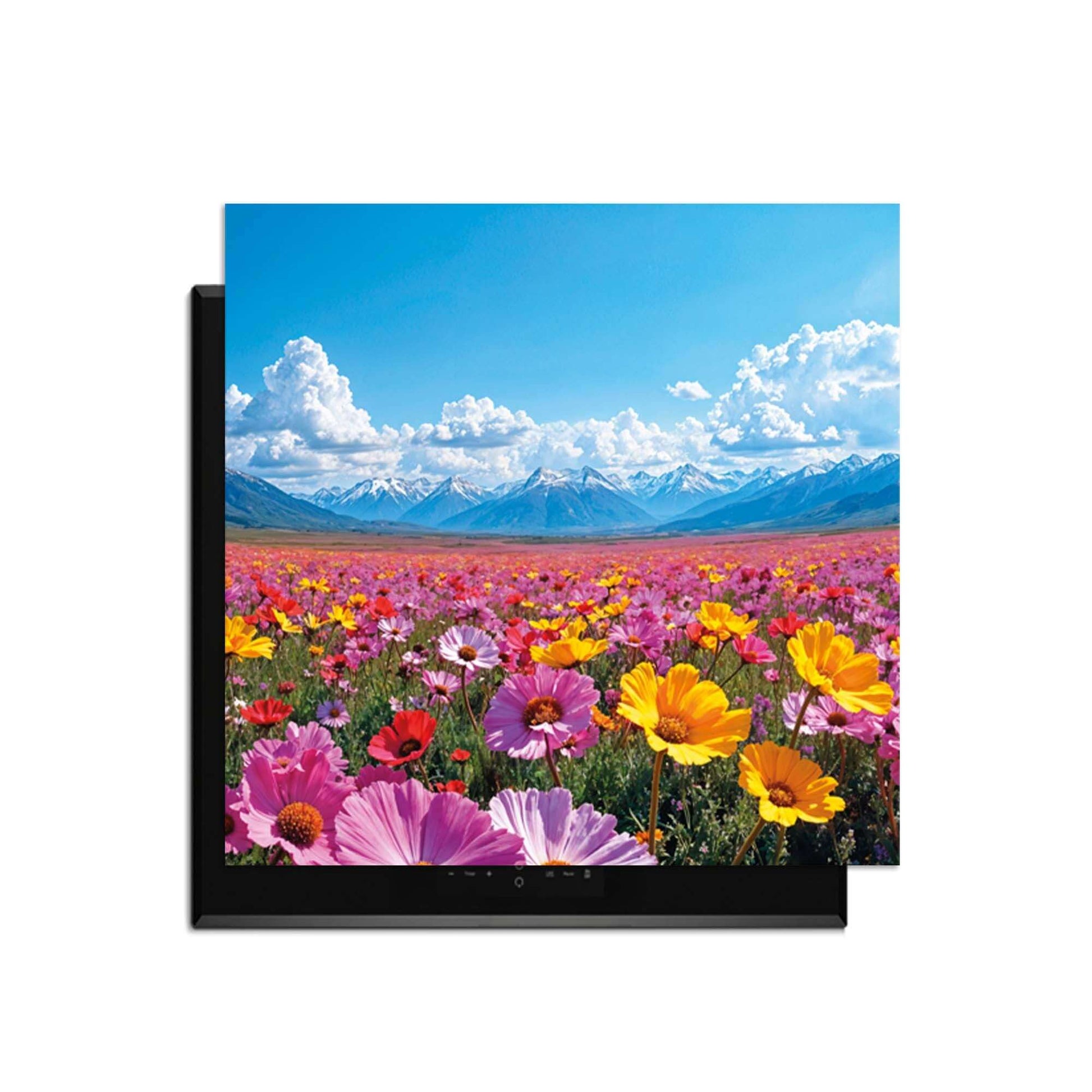 Blooming Horizon - Herdabdeckplatte mit bunten Blumen vor Bergen und einem klaren blauen Himmel.